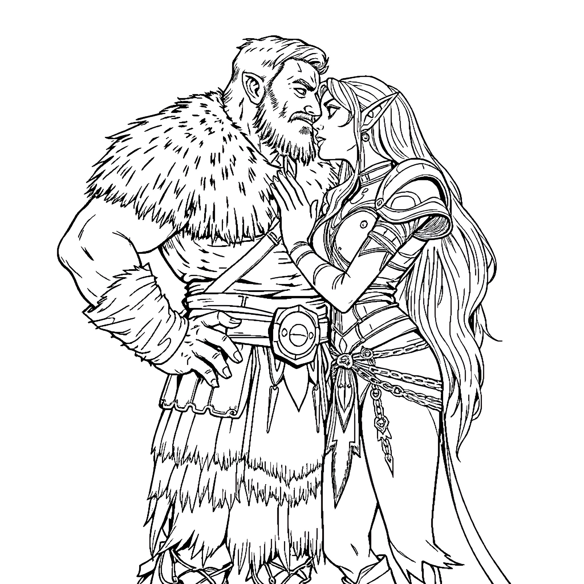 Barbarian warrior and maiden in fierce embrace Coloring Page (free black-and-white line drawing printable PDF for all, from beginners to advanced learners, including children, teens, adults, and seniors)