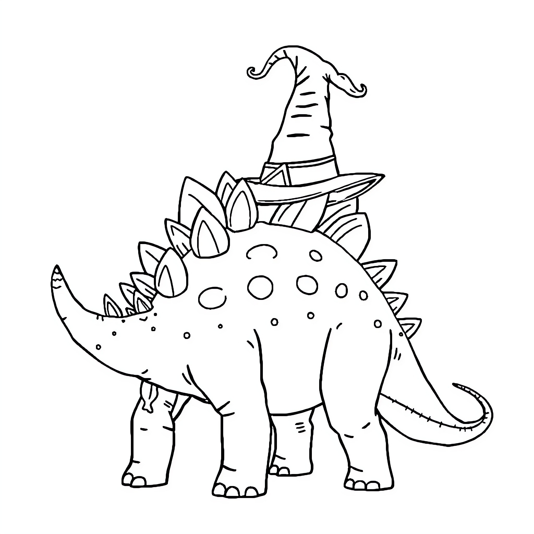 Stegosaurus wearing a witch hat Coloring Page (free black-and-white line drawing printable PDF for all, from beginners to advanced learners, including children, teens, adults, and seniors)