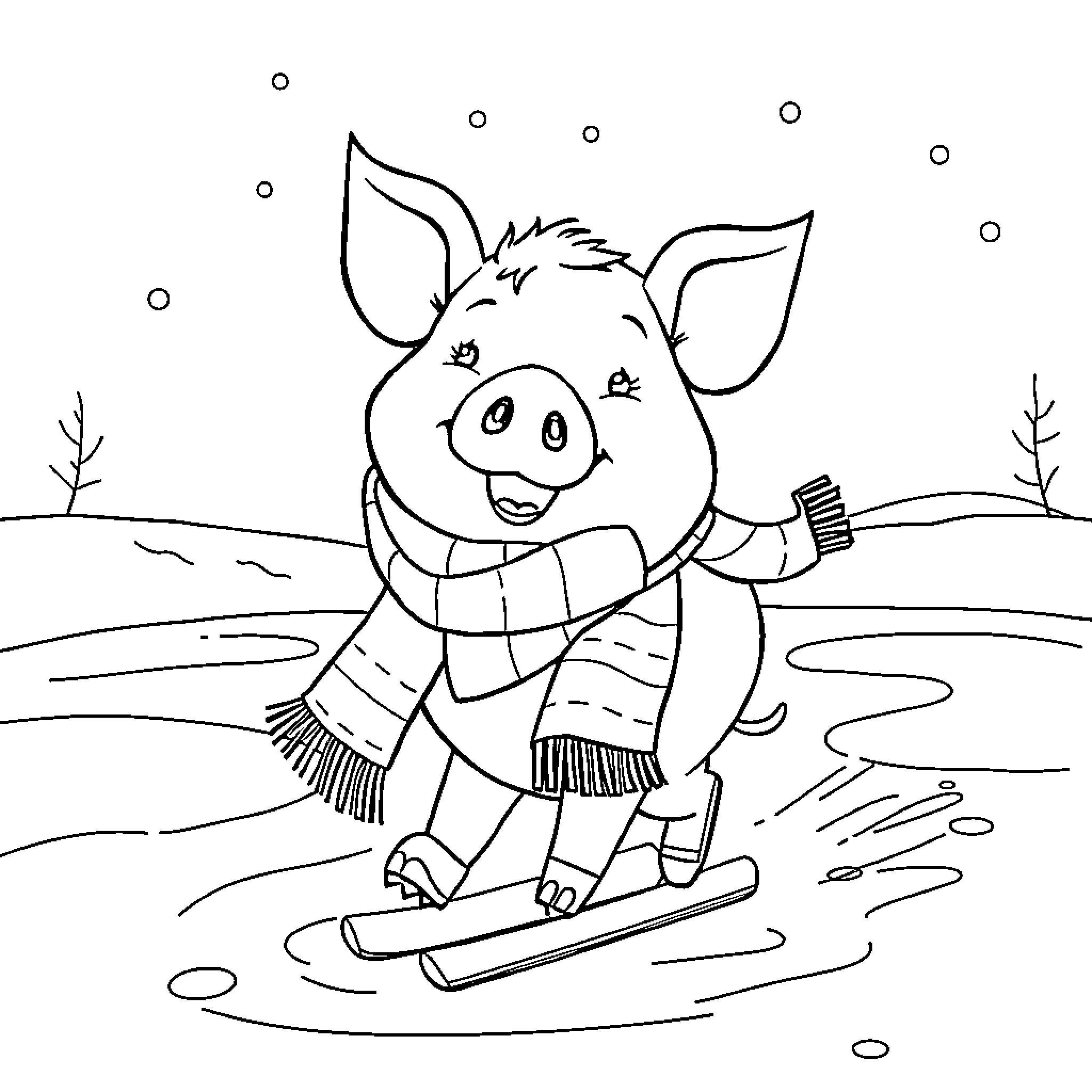Pig skiing happily in the winter wonderland Coloring Page (free black-and-white line drawing printable PDF for all, from beginners to advanced learners, including children, teens, adults, and seniors)