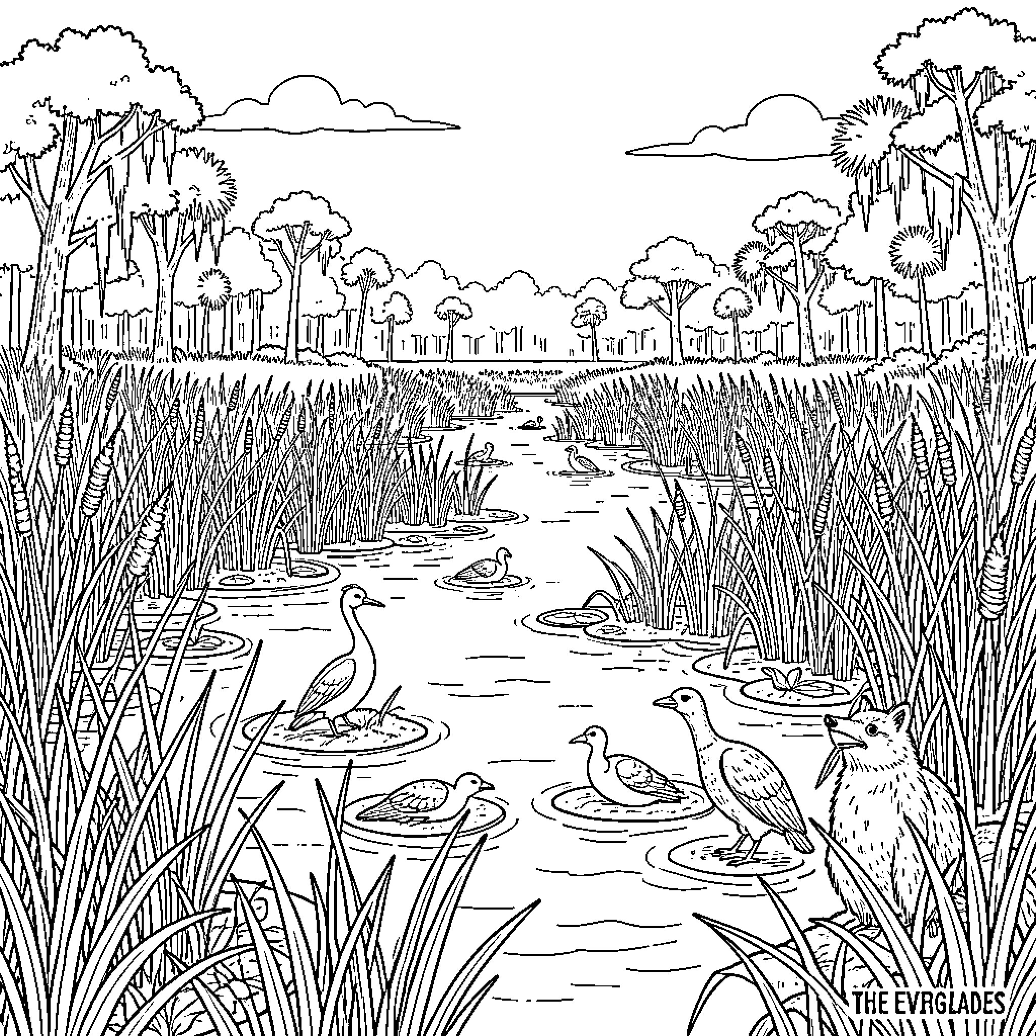 Everglades scene with various birds swimming in a marsh Coloring Page (free black-and-white line drawing printable PDF for all, from beginners to advanced learners, including children, teens, adults, and seniors)