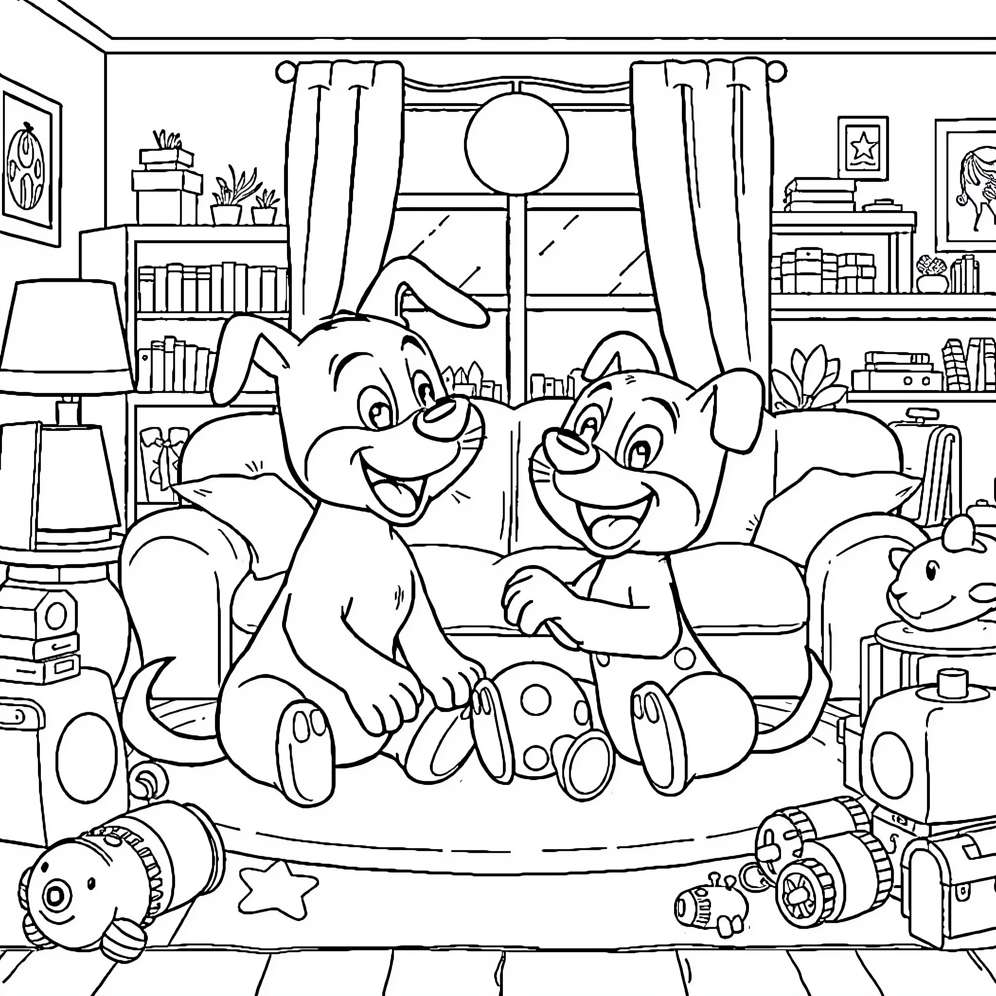 Bluey and friends having a playful indoor adventure Coloring Page (free black-and-white line drawing printable PDF for all, from beginners to advanced learners, including children, teens, adults, and seniors)