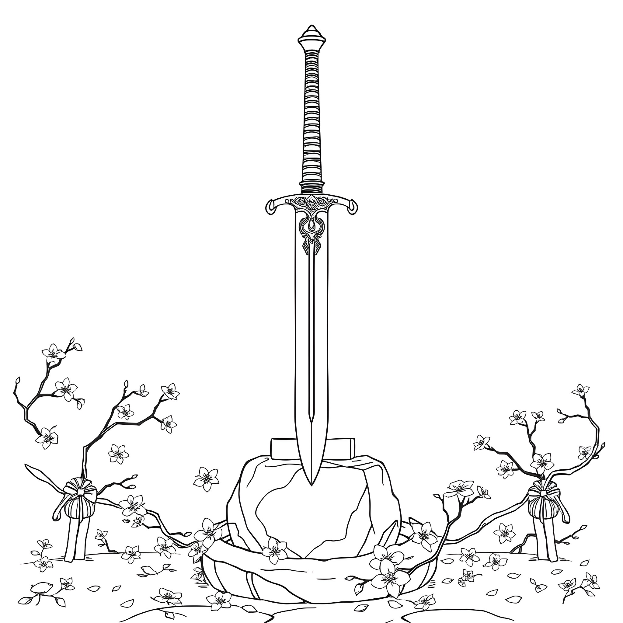 Mulan's Sword Resting on a Blossom-Strewn Rock Coloring Page (free black-and-white line drawing printable PDF for all, from beginners to advanced learners, including children, teens, adults, and seniors)