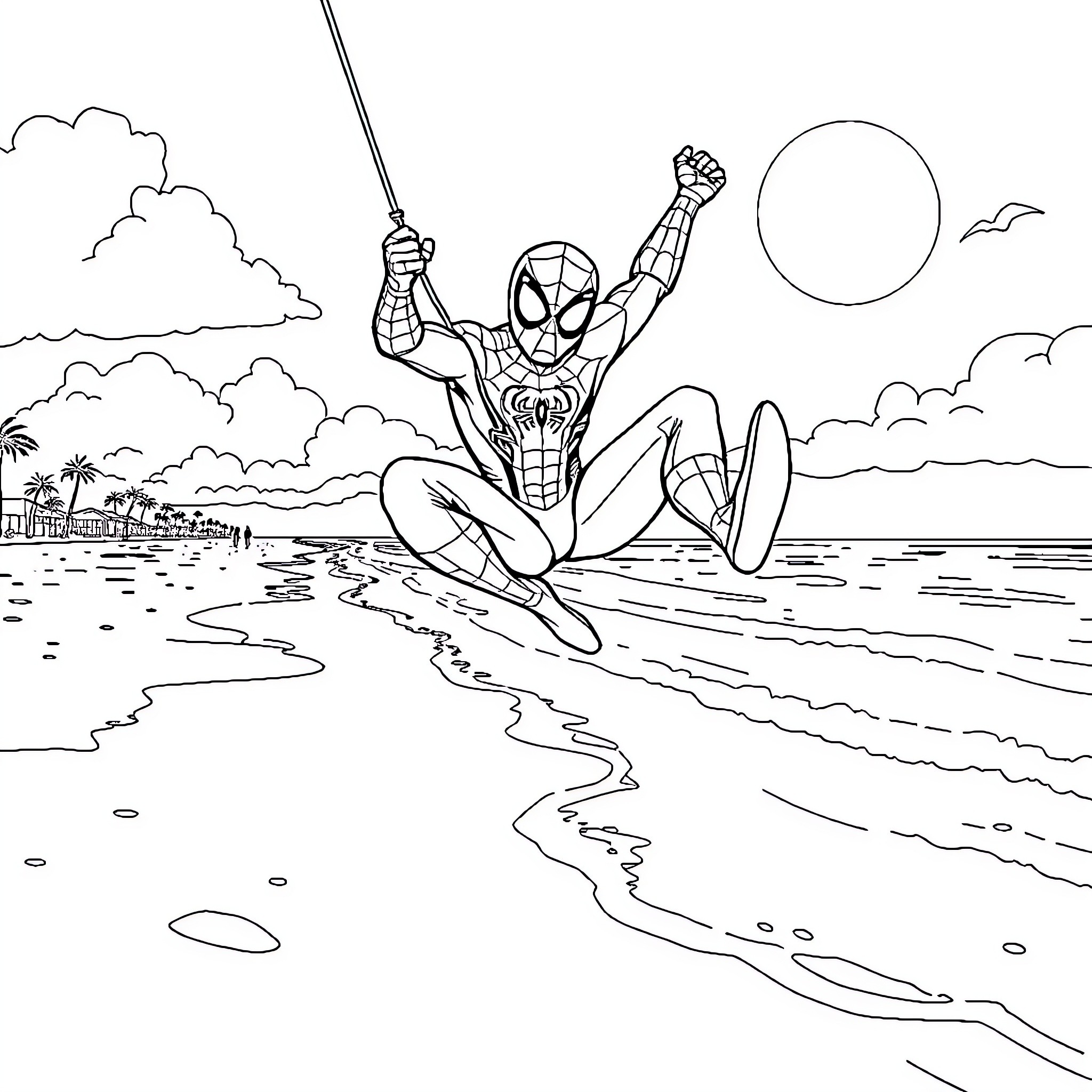 Spiderman swinging and leaping on the beach Coloring Page (free black-and-white line drawing printable PDF for all, from beginners to advanced learners, including children, teens, adults, and seniors)