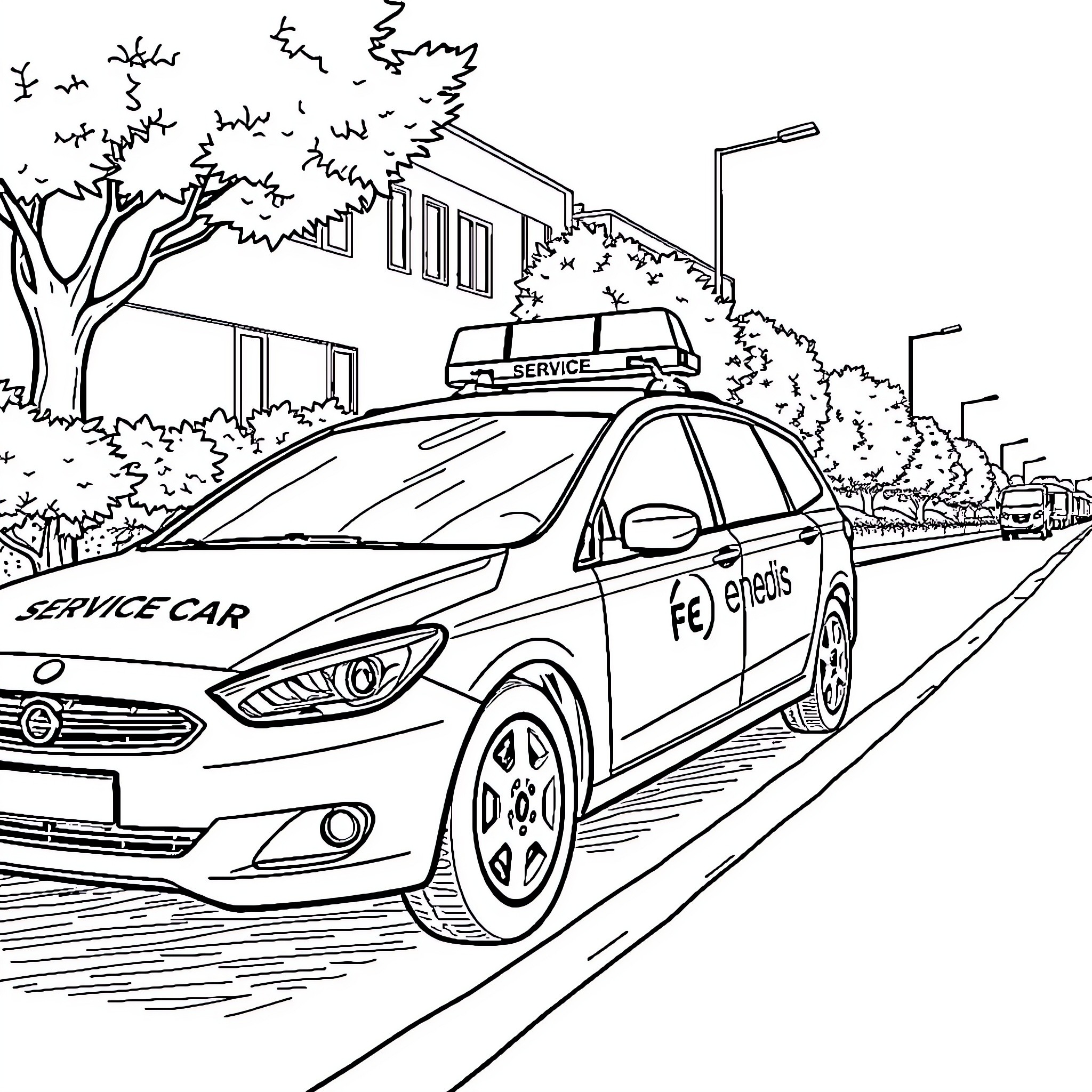 Car service on city street Coloring Page (free black-and-white line drawing printable PDF for all, from beginners to advanced learners, including children, teens, adults, and seniors)