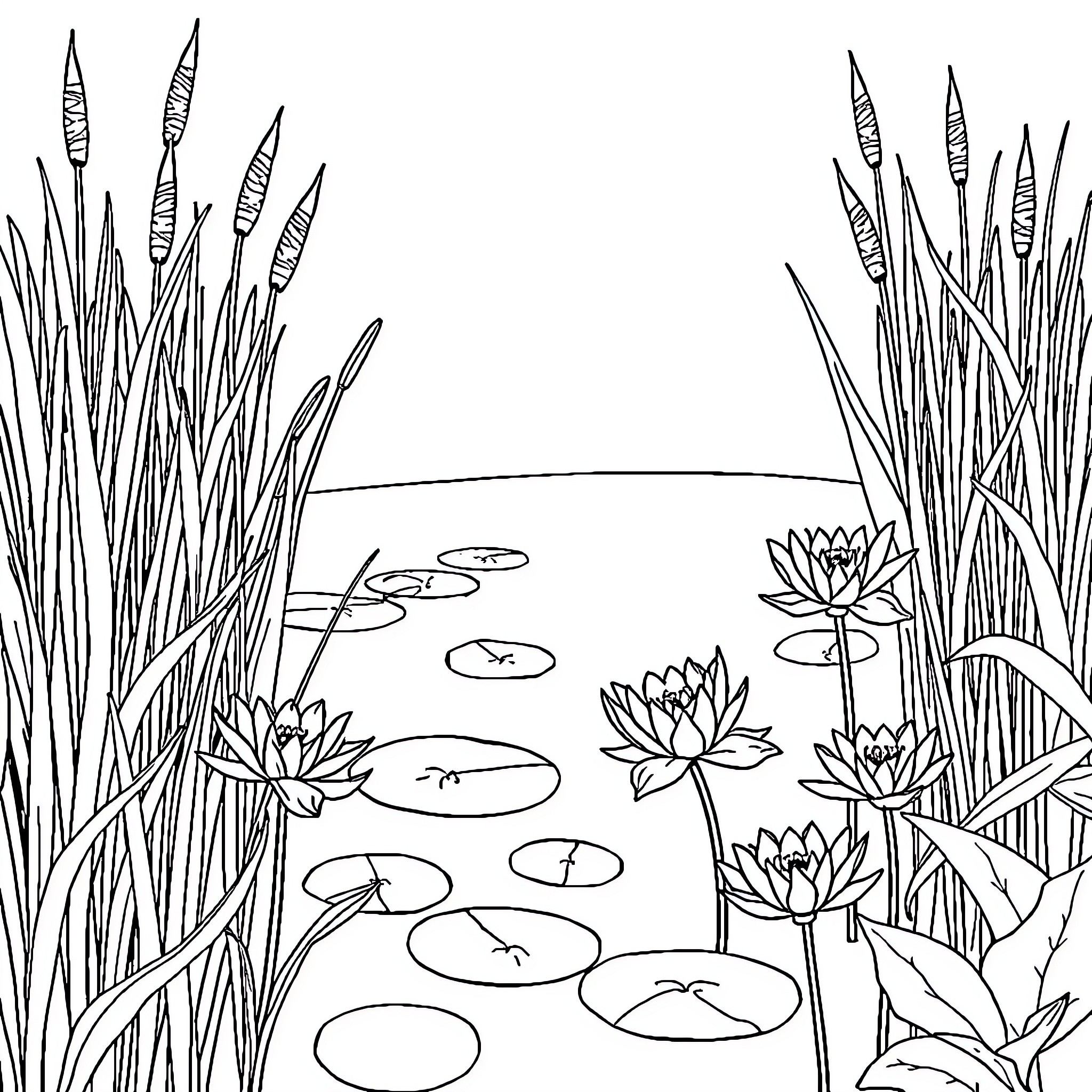Pond scene with water lilies and reeds Coloring Page (free black-and-white line drawing printable PDF for all, from beginners to advanced learners, including children, teens, adults, and seniors)