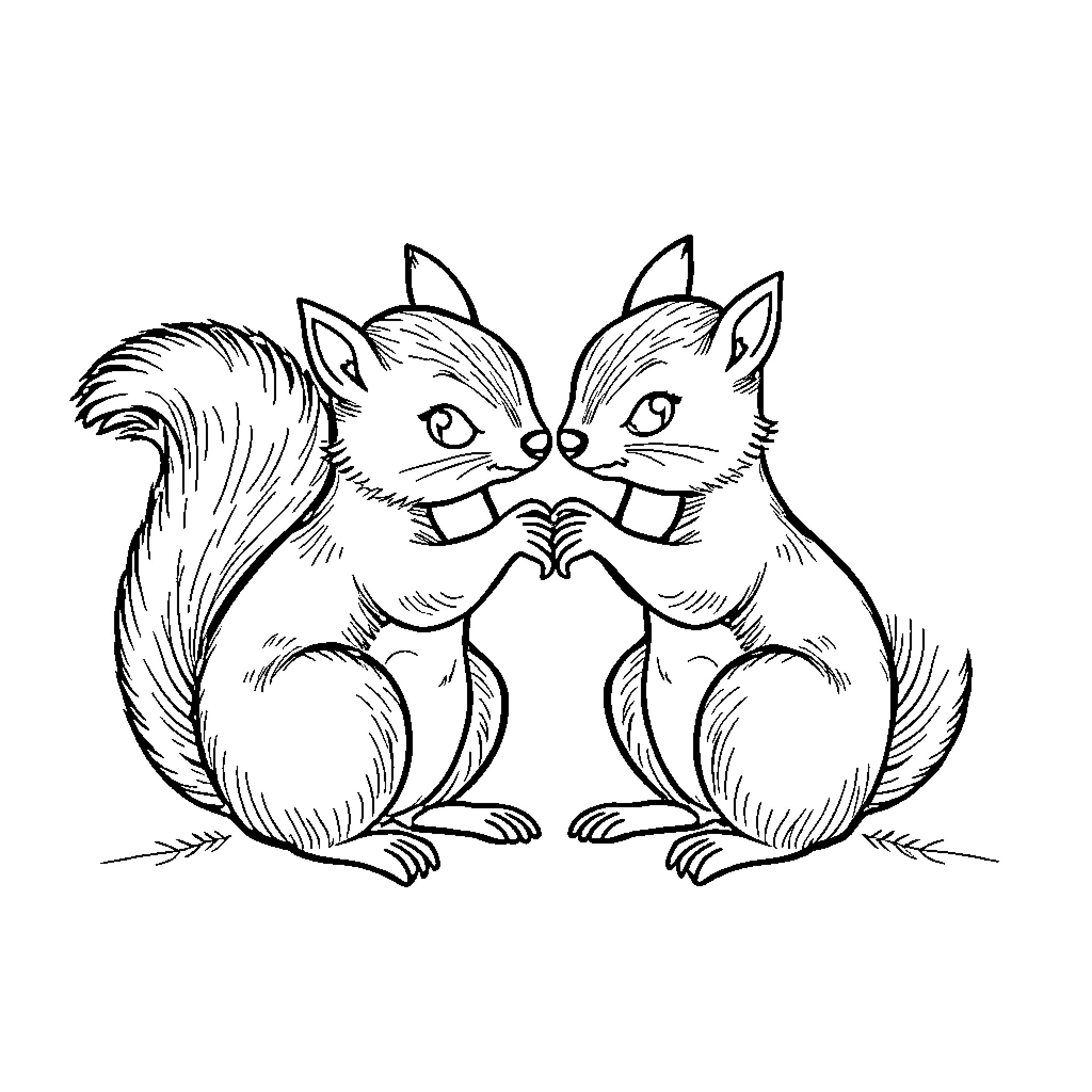 Squirrels cuddling in a playful embrace Coloring Page (free black-and-white line drawing printable PDF for all, from beginners to advanced learners, including children, teens, adults, and seniors)