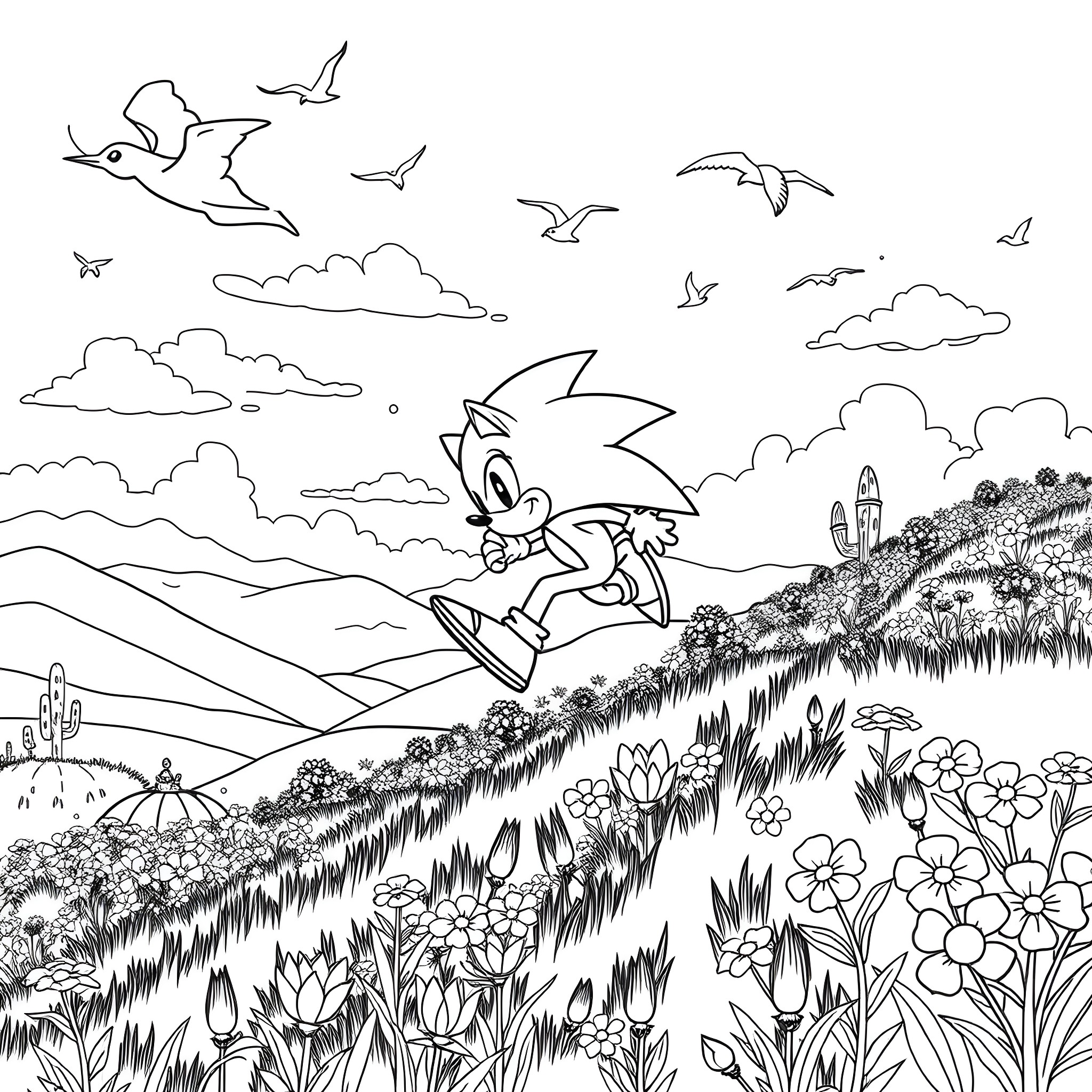 Sonic running joyfully through a scenic landscape Coloring Page (free black-and-white line drawing printable PDF for all, from beginners to advanced learners, including children, teens, adults, and seniors)