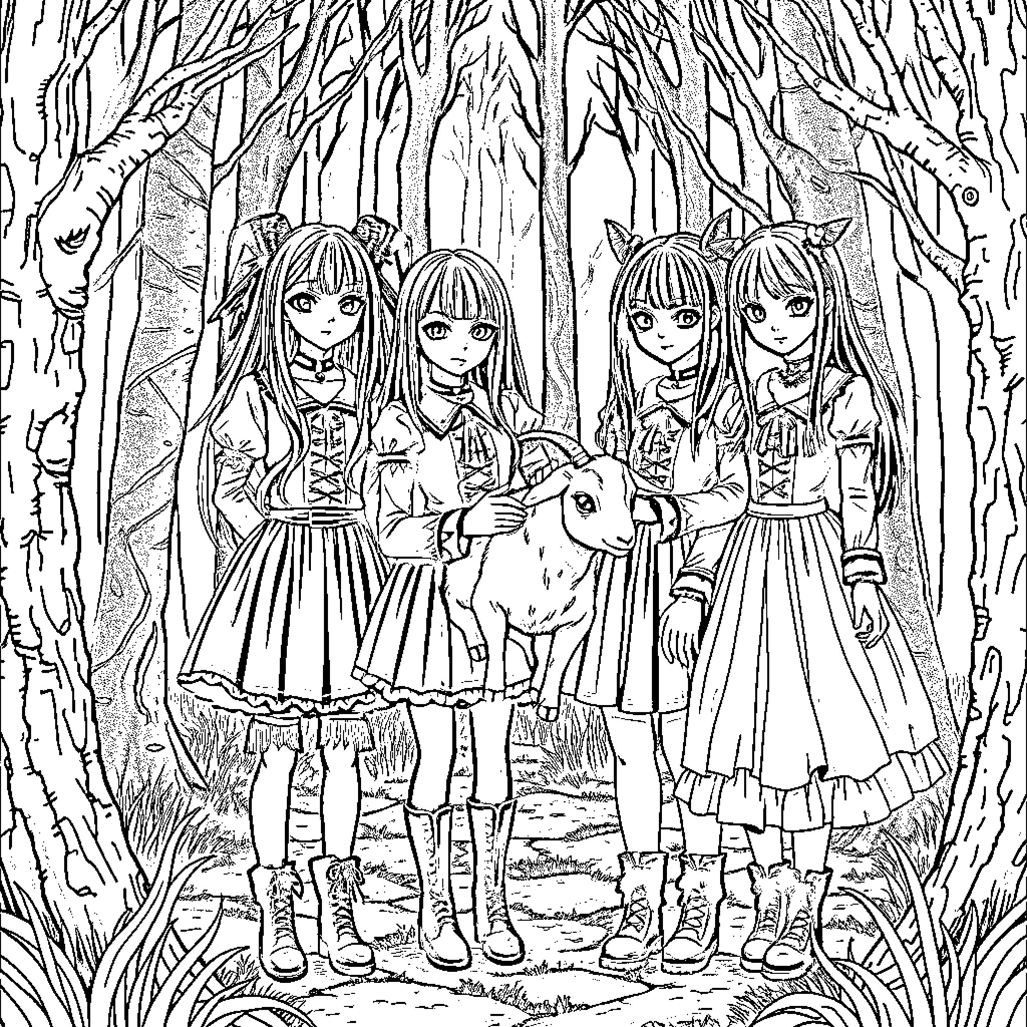 Goth Girls Exploring the Enchanted Forest Coloring Page (free black-and-white line drawing printable PDF for all, from beginners to advanced learners, including children, teens, adults, and seniors)