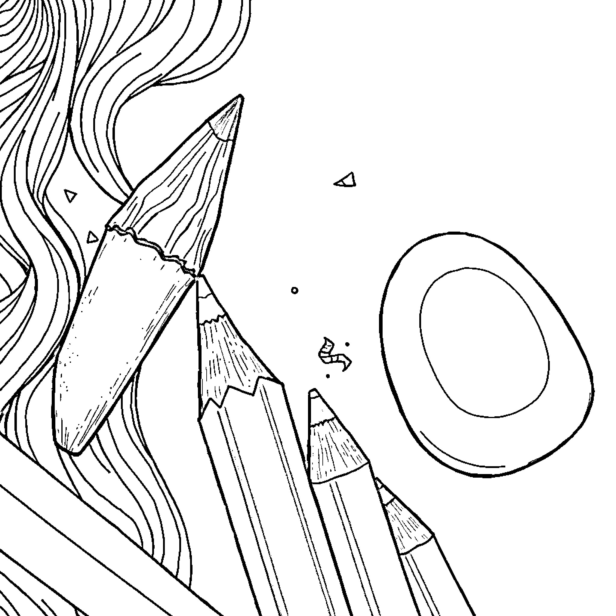 Art Supplies Scattered Across the Page Coloring Page (free black-and-white line drawing printable PDF for all, from beginners to advanced learners, including children, teens, adults, and seniors)