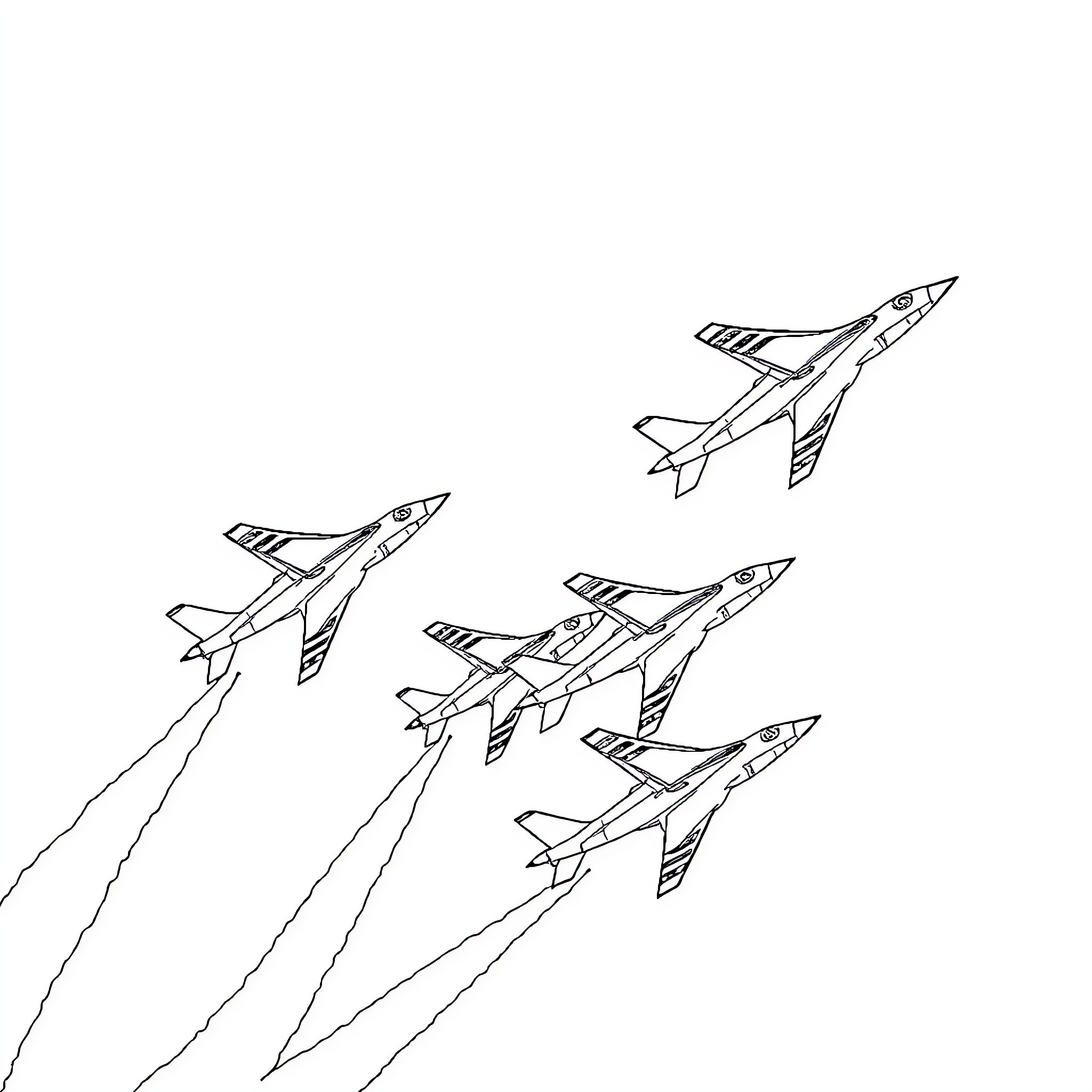 Snowbird jets taking flight in formation Coloring Page (free black-and-white line drawing printable PDF for all, from beginners to advanced learners, including children, teens, adults, and seniors)