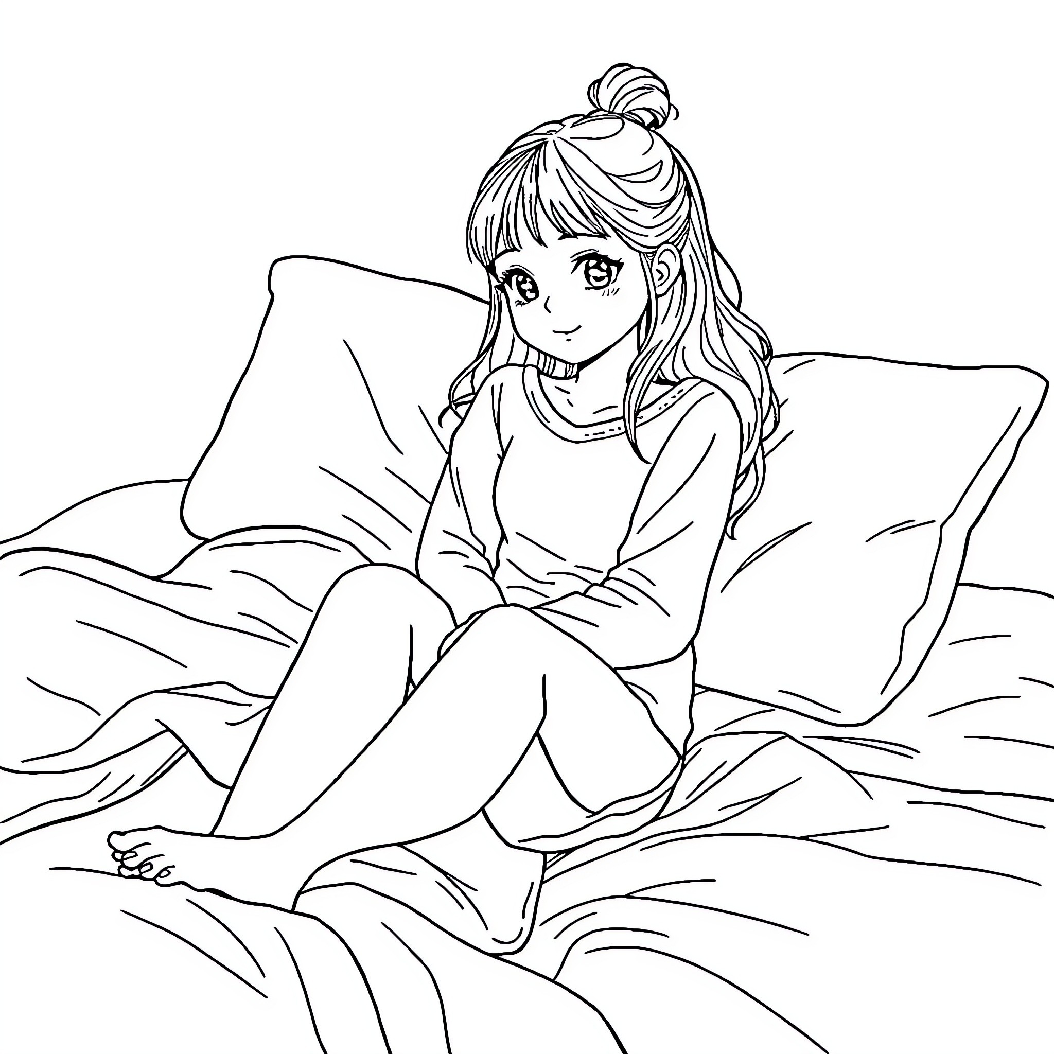 Girl relaxing in cozy bed Coloring Page (free black-and-white line drawing printable PDF for all, from beginners to advanced learners, including children, teens, adults, and seniors)