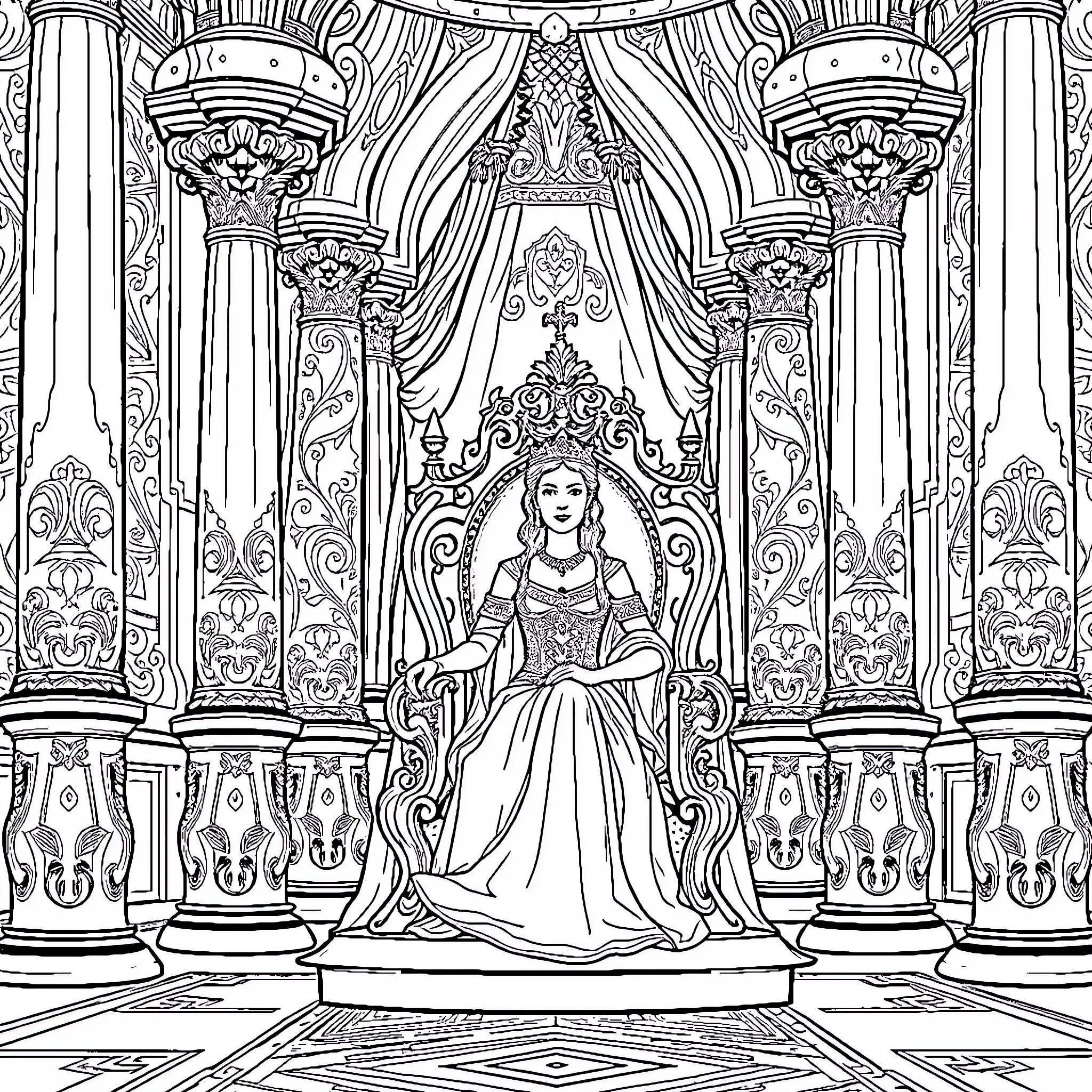 Queen seated on an ornate throne surrounded by intricate architecture Coloring Page (free black-and-white line drawing printable PDF for all, from beginners to advanced learners, including children, teens, adults, and seniors)
