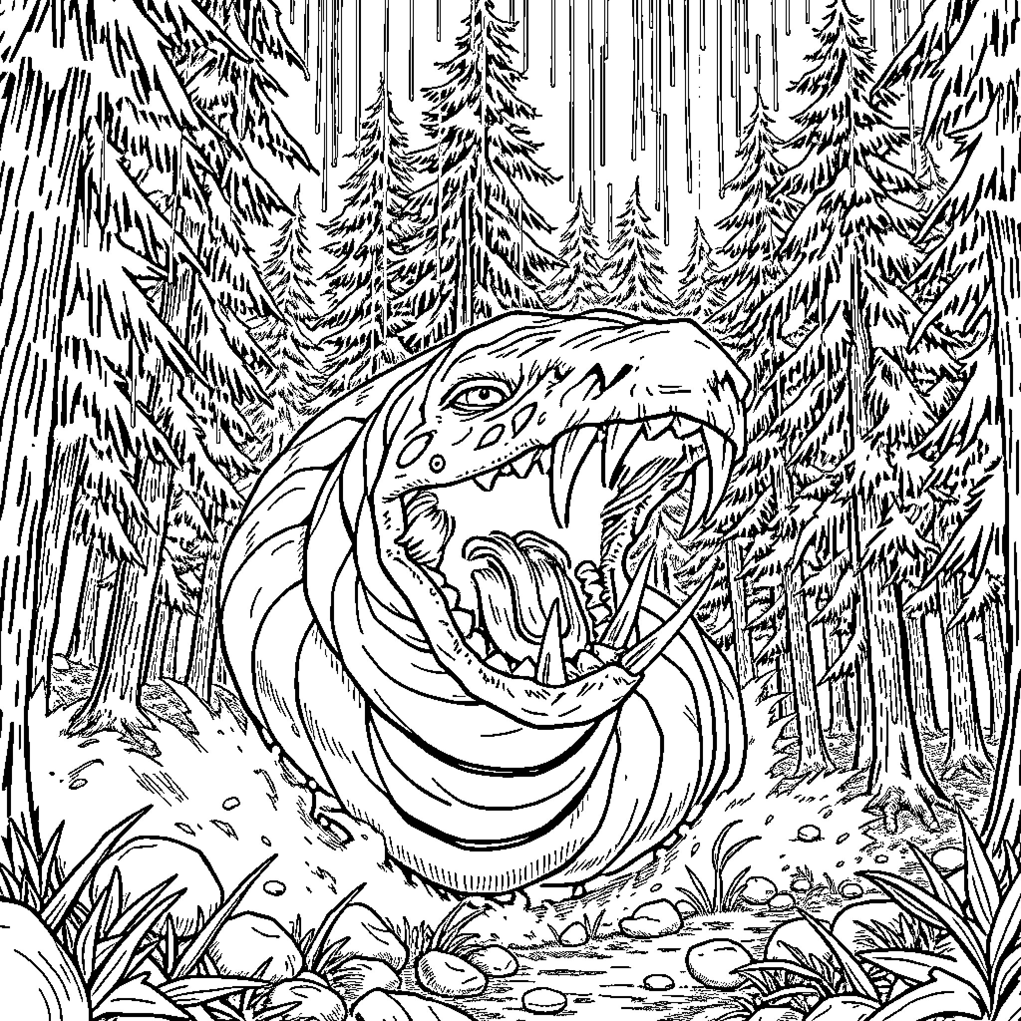 Worm Monster emerging from the forest Coloring Page (free black-and-white line drawing printable PDF for all, from beginners to advanced learners, including children, teens, adults, and seniors)
