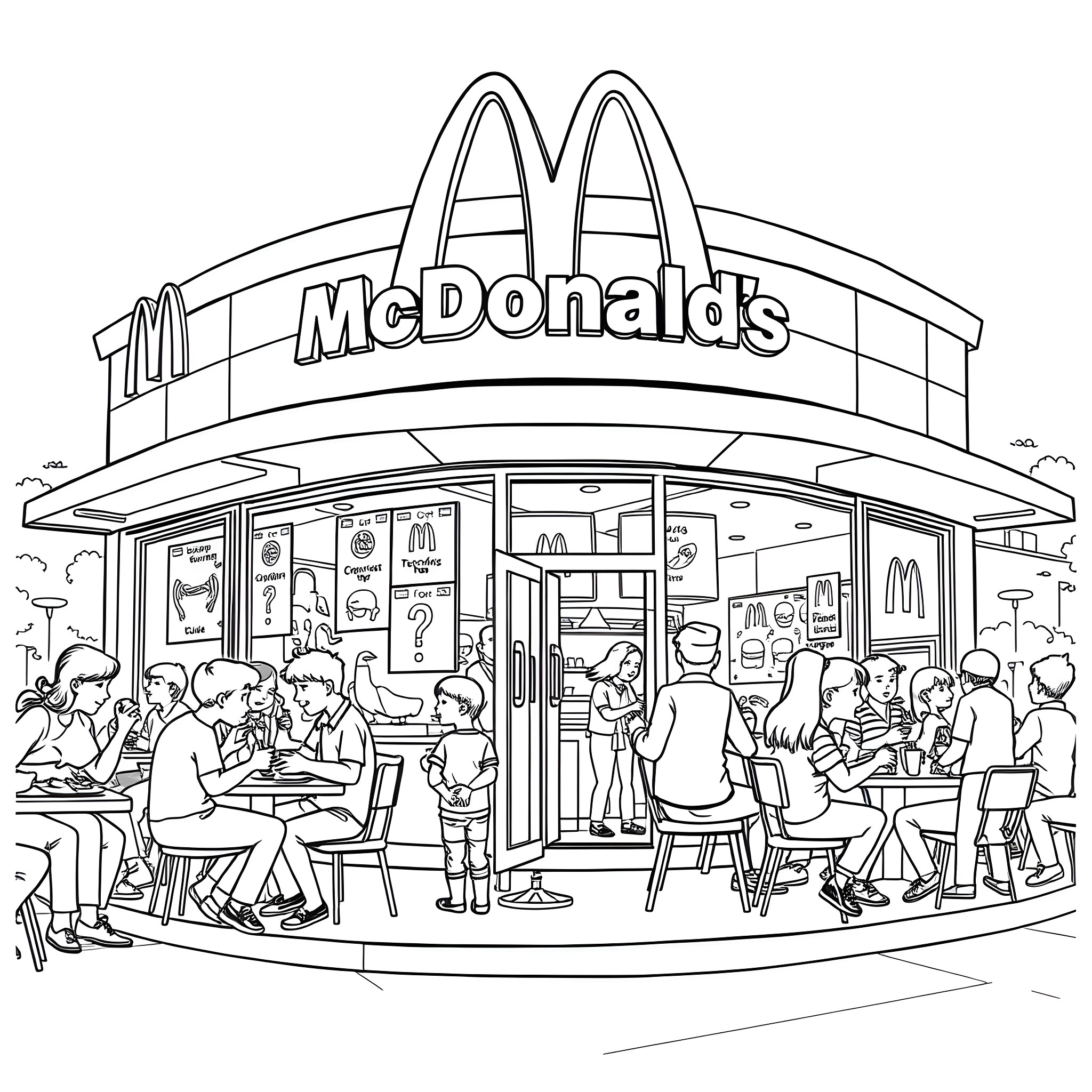 McDonald's Customers Enjoying Meals at the Restaurant Coloring Page (free black-and-white line drawing printable PDF for all, from beginners to advanced learners, including children, teens, adults, and seniors)