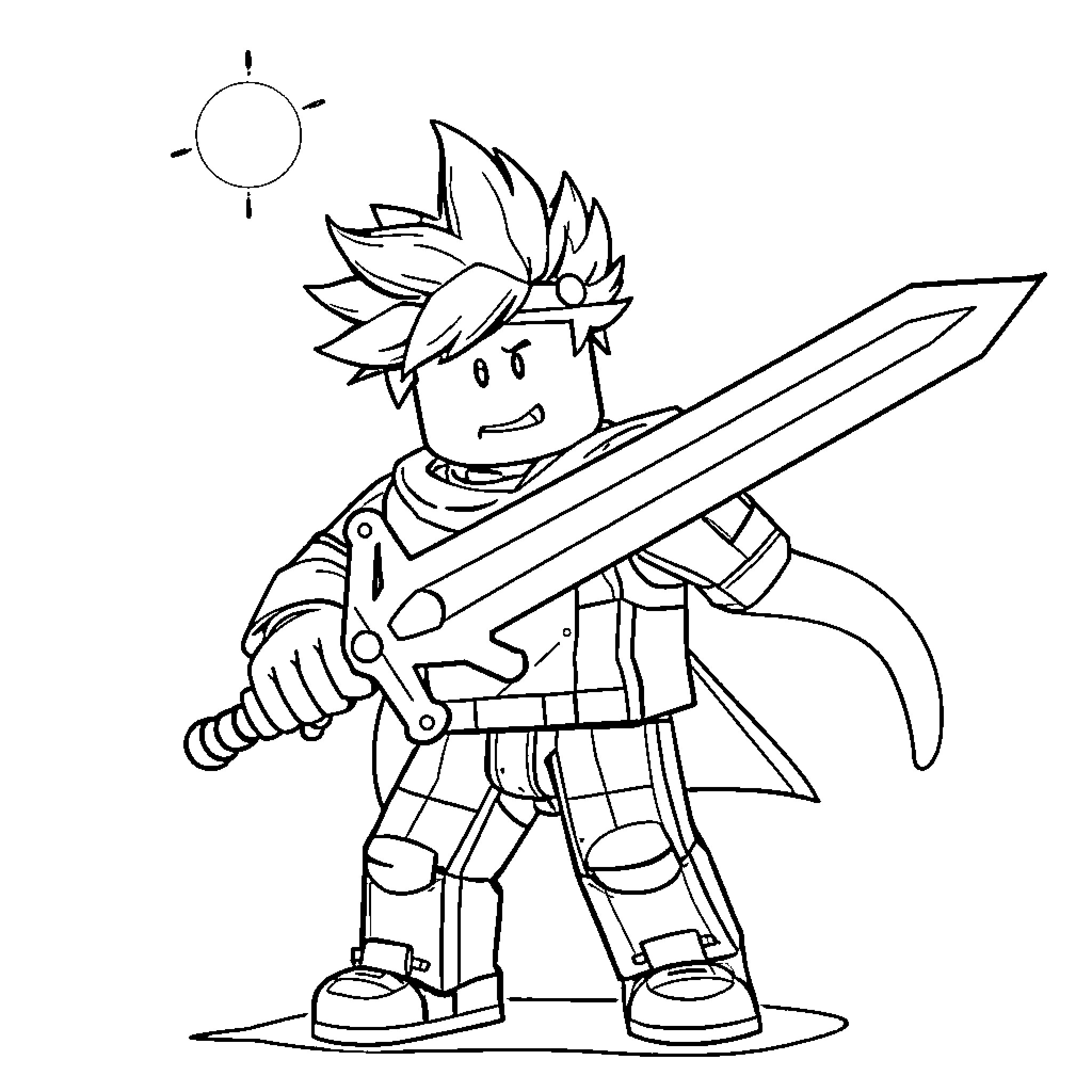 Noob Warrior Wielding a Mighty Sword Coloring Page (free black-and-white line drawing printable PDF for all, from beginners to advanced learners, including children, teens, adults, and seniors)