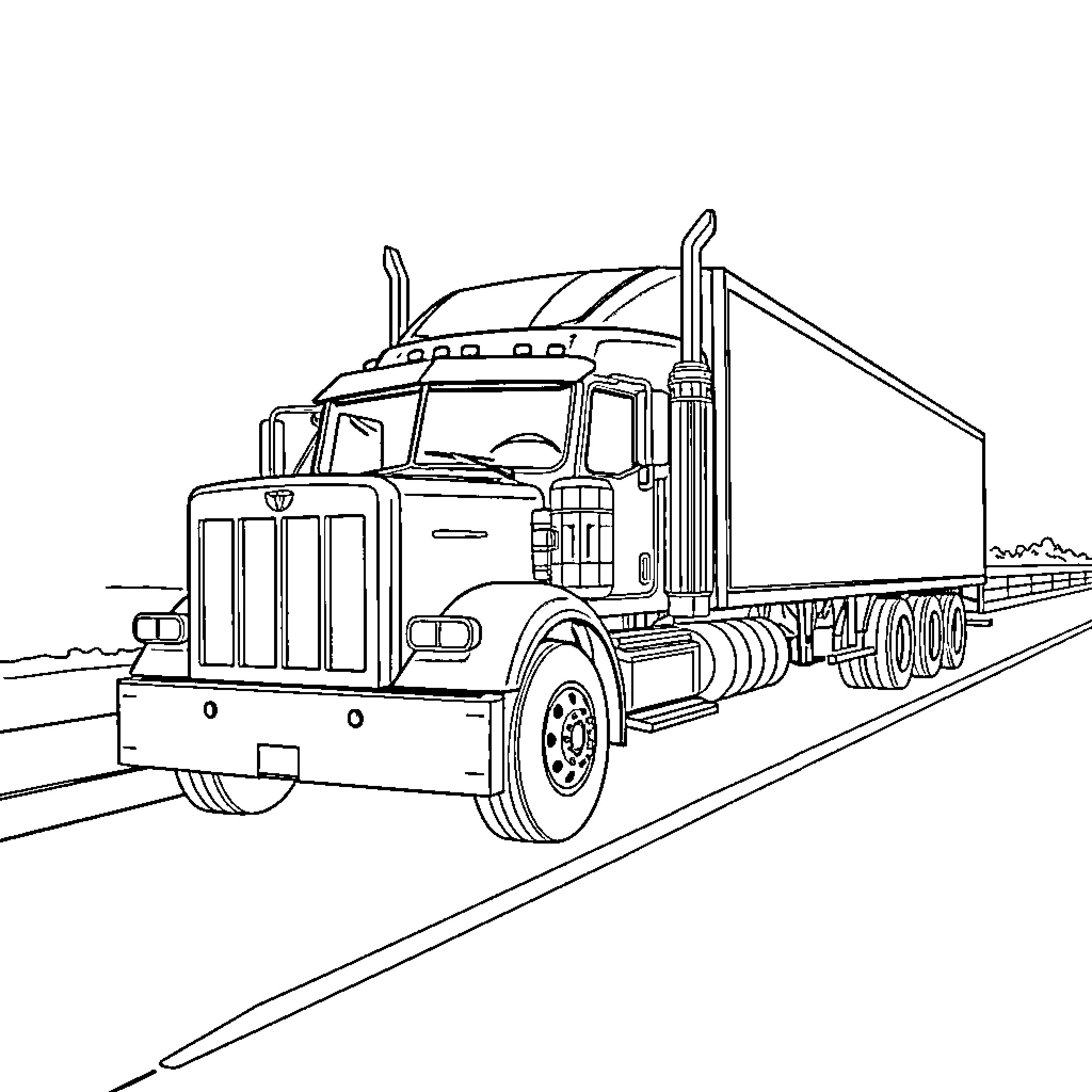Truck hauling cargo on the open road Coloring Page (free black-and-white line drawing printable PDF for all, from beginners to advanced learners, including children, teens, adults, and seniors)