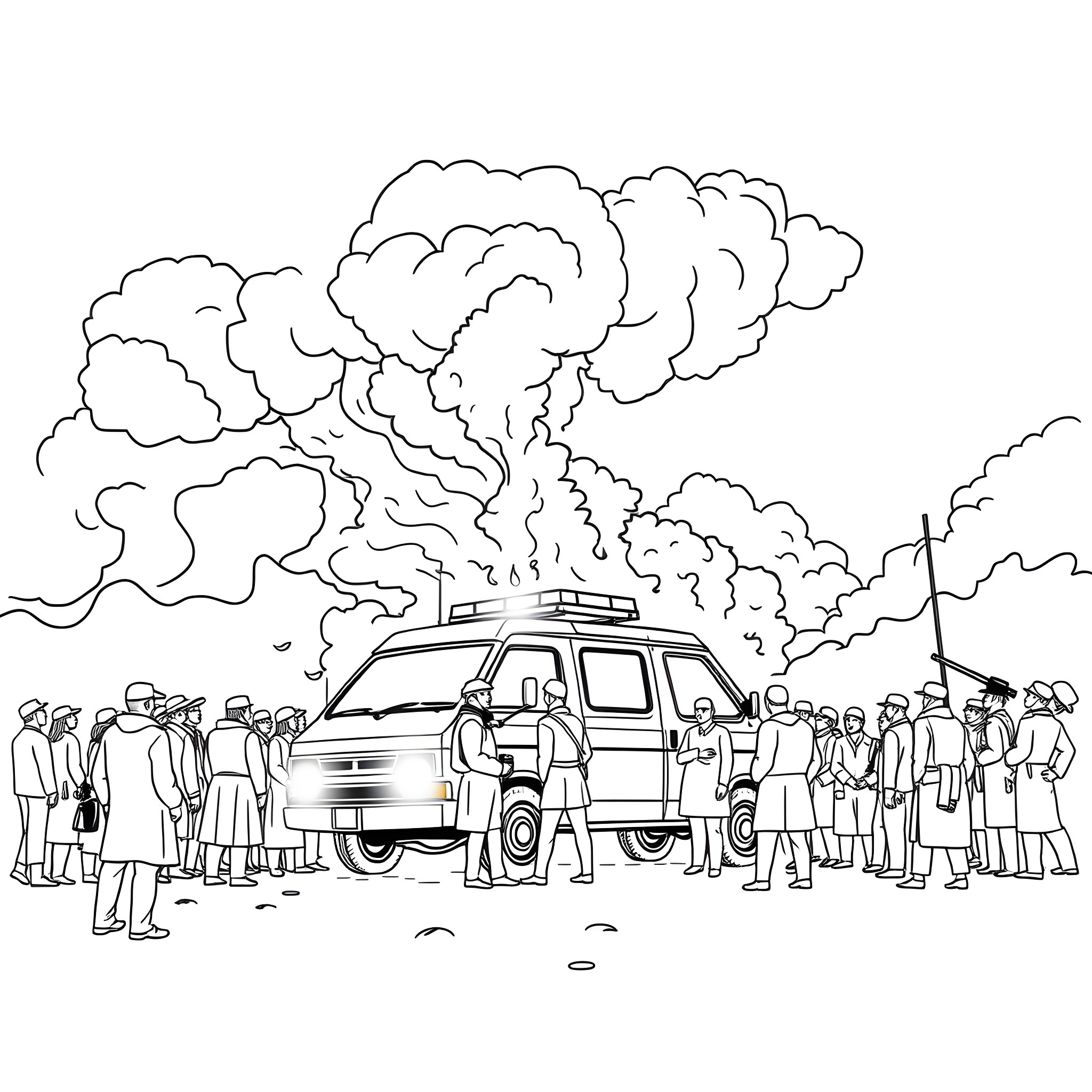911 Emergency response team at the scene Coloring Page (free black-and-white line drawing printable PDF for all, from beginners to advanced learners, including children, teens, adults, and seniors)