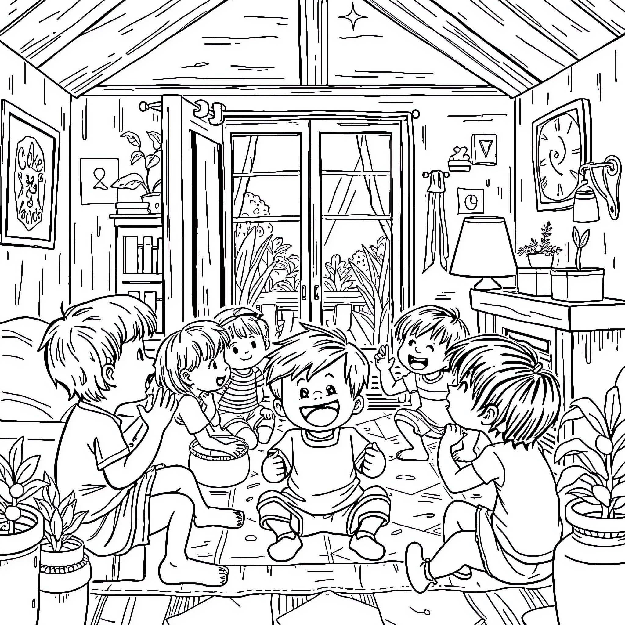 House of fun and laughter with children playing Coloring Page (free black-and-white line drawing printable PDF for all, from beginners to advanced learners, including children, teens, adults, and seniors)