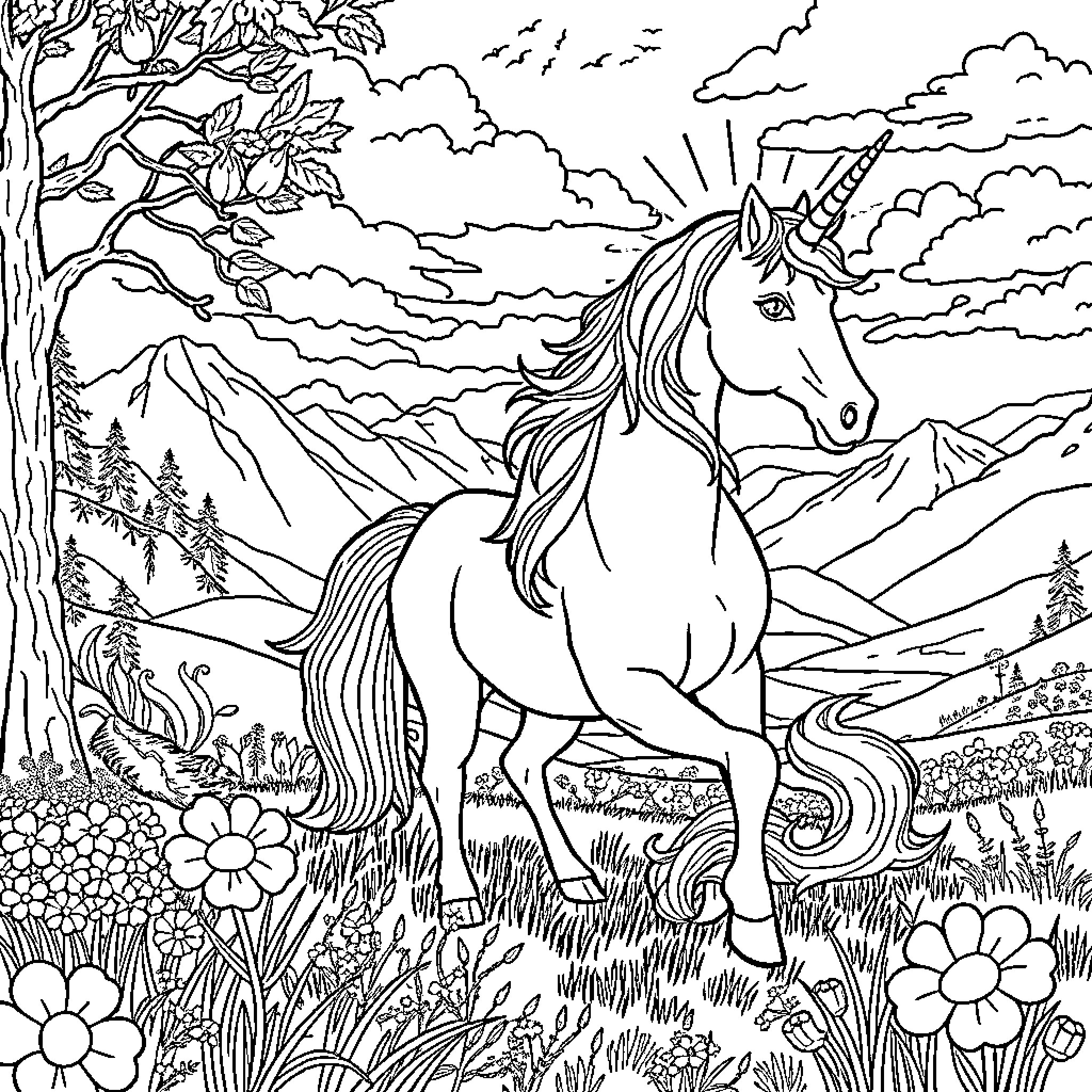 Unicorn Wandering in Enchanted Mountain Meadow Coloring Page (free black-and-white line drawing printable PDF for all, from beginners to advanced learners, including children, teens, adults, and seniors)
