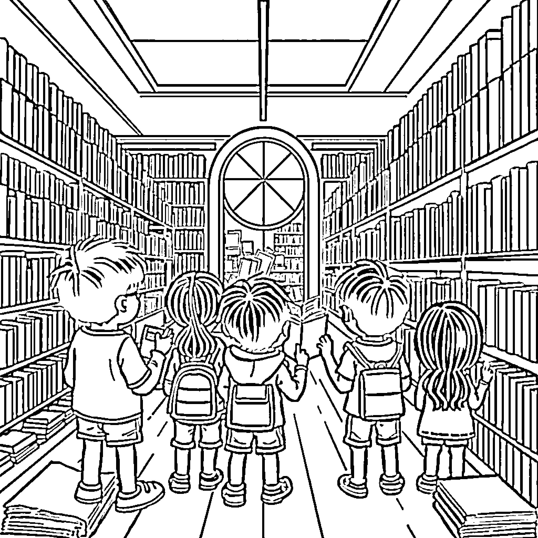 Kid exploring a library full of books Coloring Page (free black-and-white line drawing printable PDF for all, from beginners to advanced learners, including children, teens, adults, and seniors)