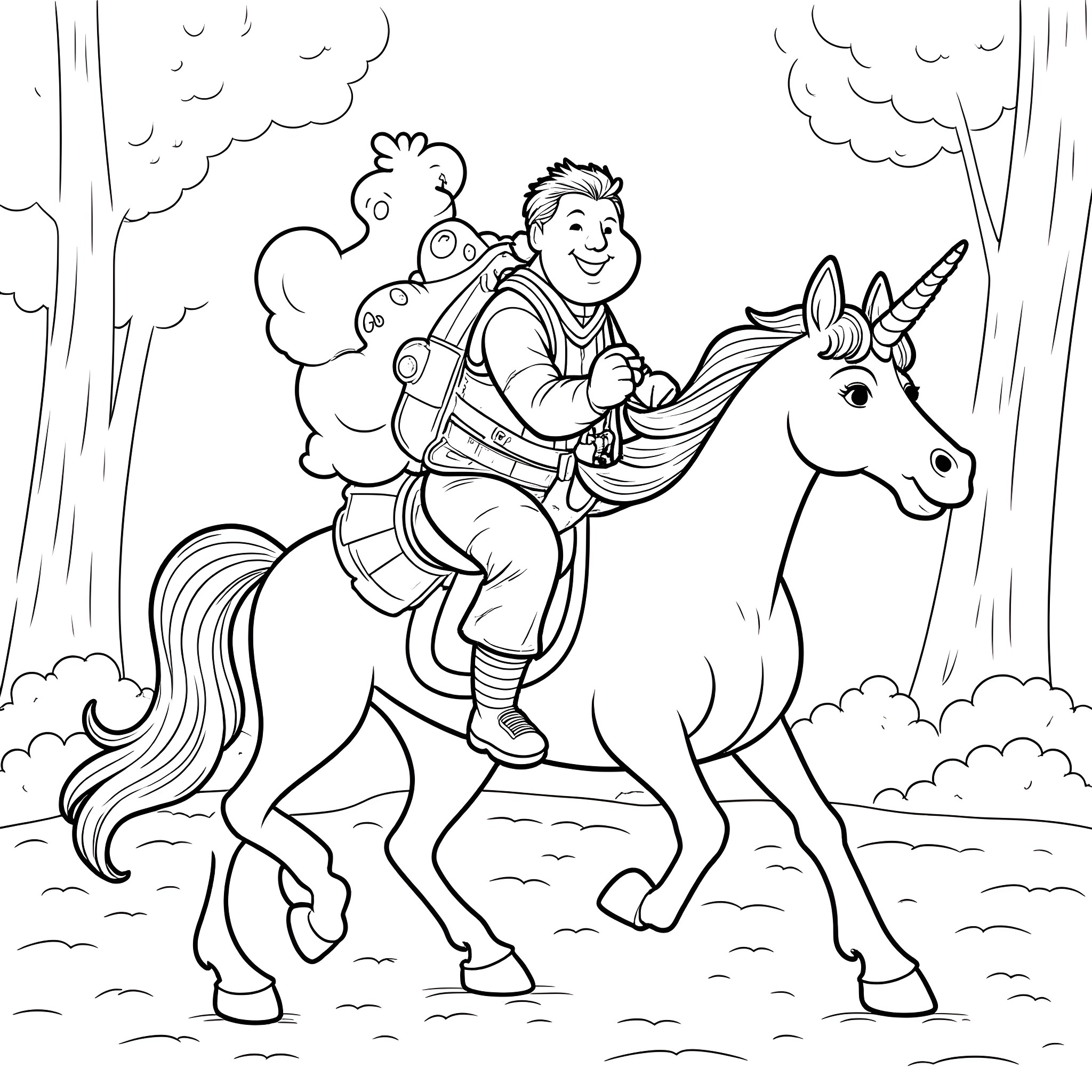 Ghostbuster riding a unicorn through a magical forest Coloring Page (free black-and-white line drawing printable PDF for all, from beginners to advanced learners, including children, teens, adults, and seniors)