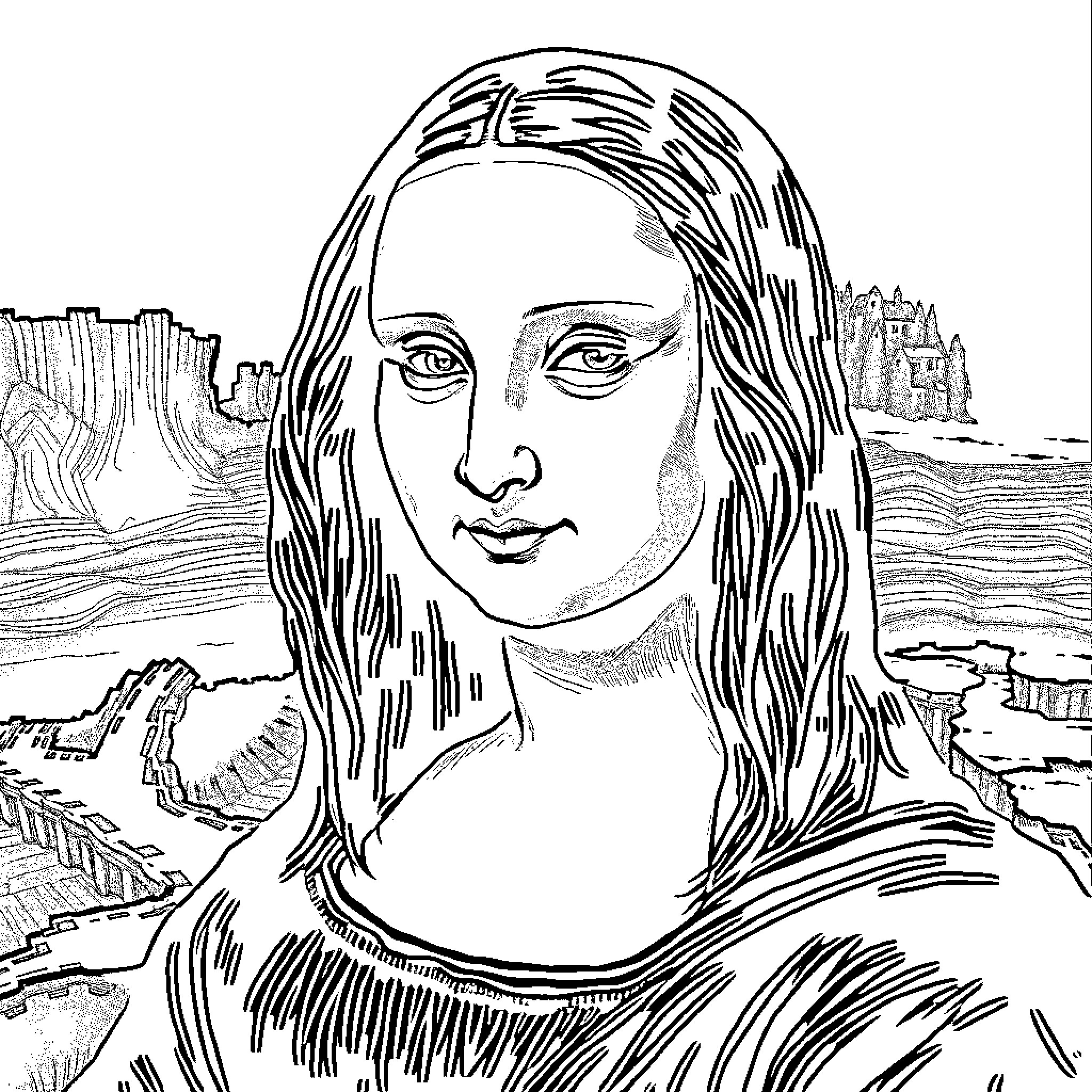Mona Lisa's Pensive Gaze in Monochrome Landscape Coloring Page (free black-and-white line drawing printable PDF for all, from beginners to advanced learners, including children, teens, adults, and seniors)