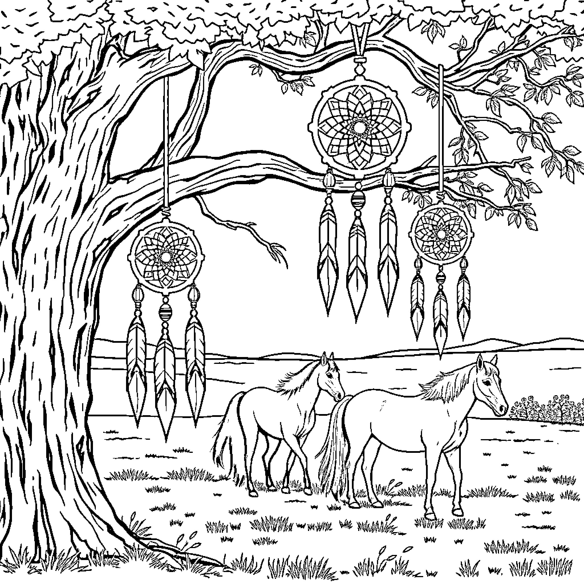 Dream Catcher with Horses in Woodland Landscape Coloring Page (free black-and-white line drawing printable PDF for all, from beginners to advanced learners, including children, teens, adults, and seniors)