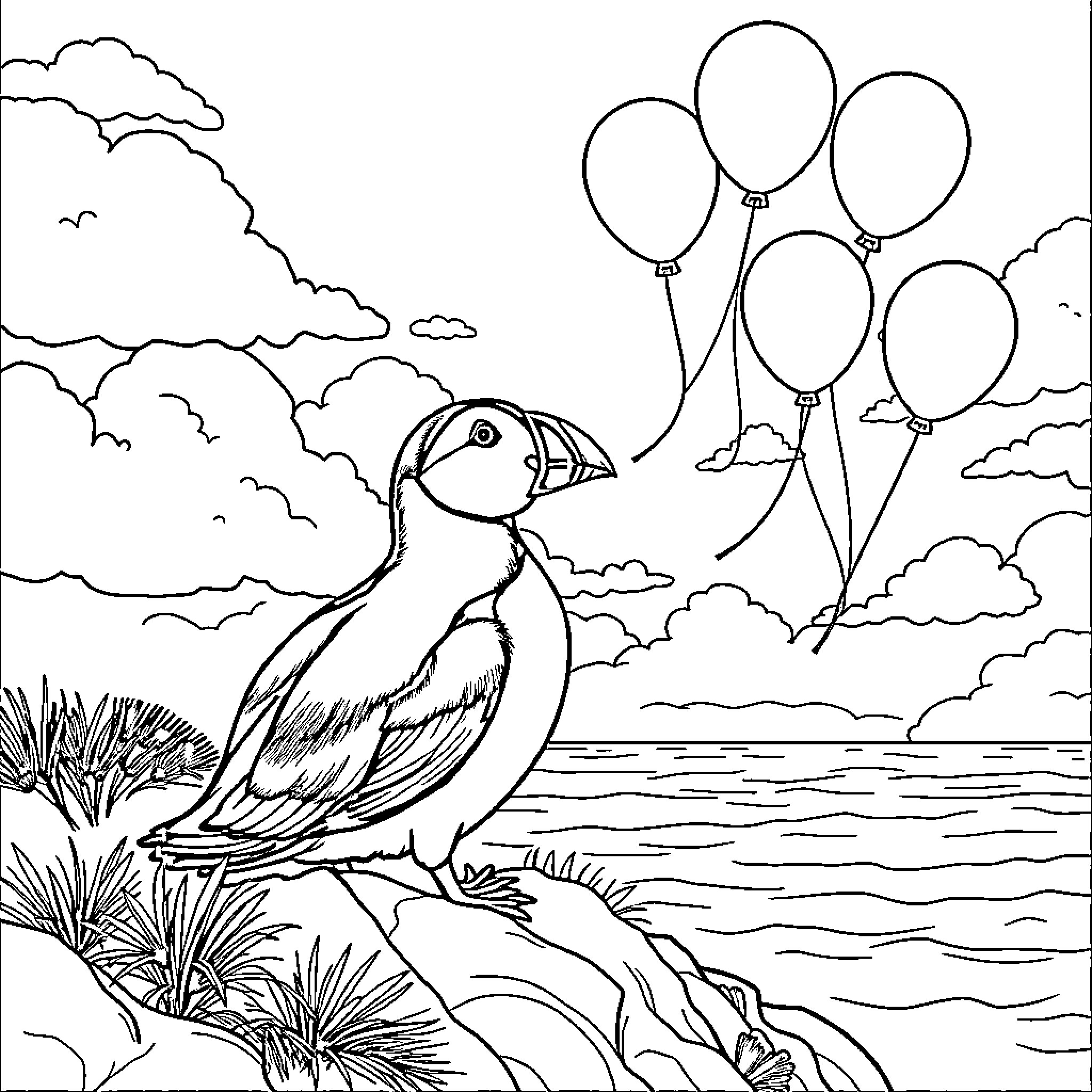 Puffin perched on a cliff with balloons Coloring Page (free black-and-white line drawing printable PDF for all, from beginners to advanced learners, including children, teens, adults, and seniors)