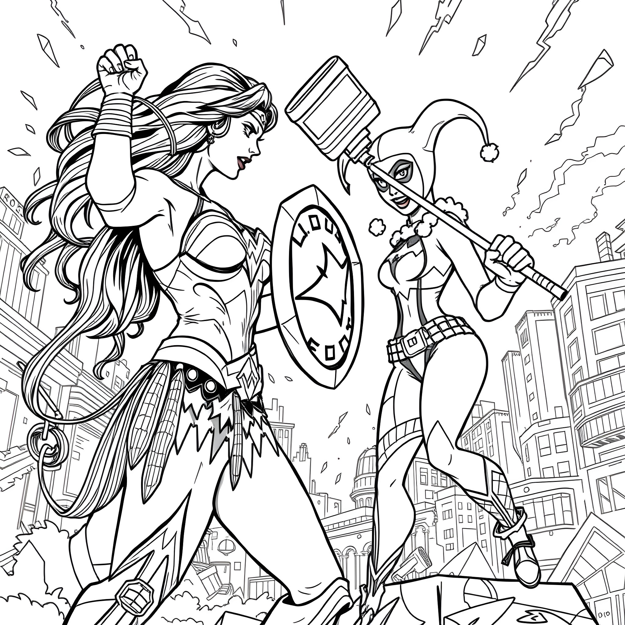 Wonder Woman heroically fighting against her nemesis Coloring Page (free black-and-white line drawing printable PDF for all, from beginners to advanced learners, including children, teens, adults, and seniors)