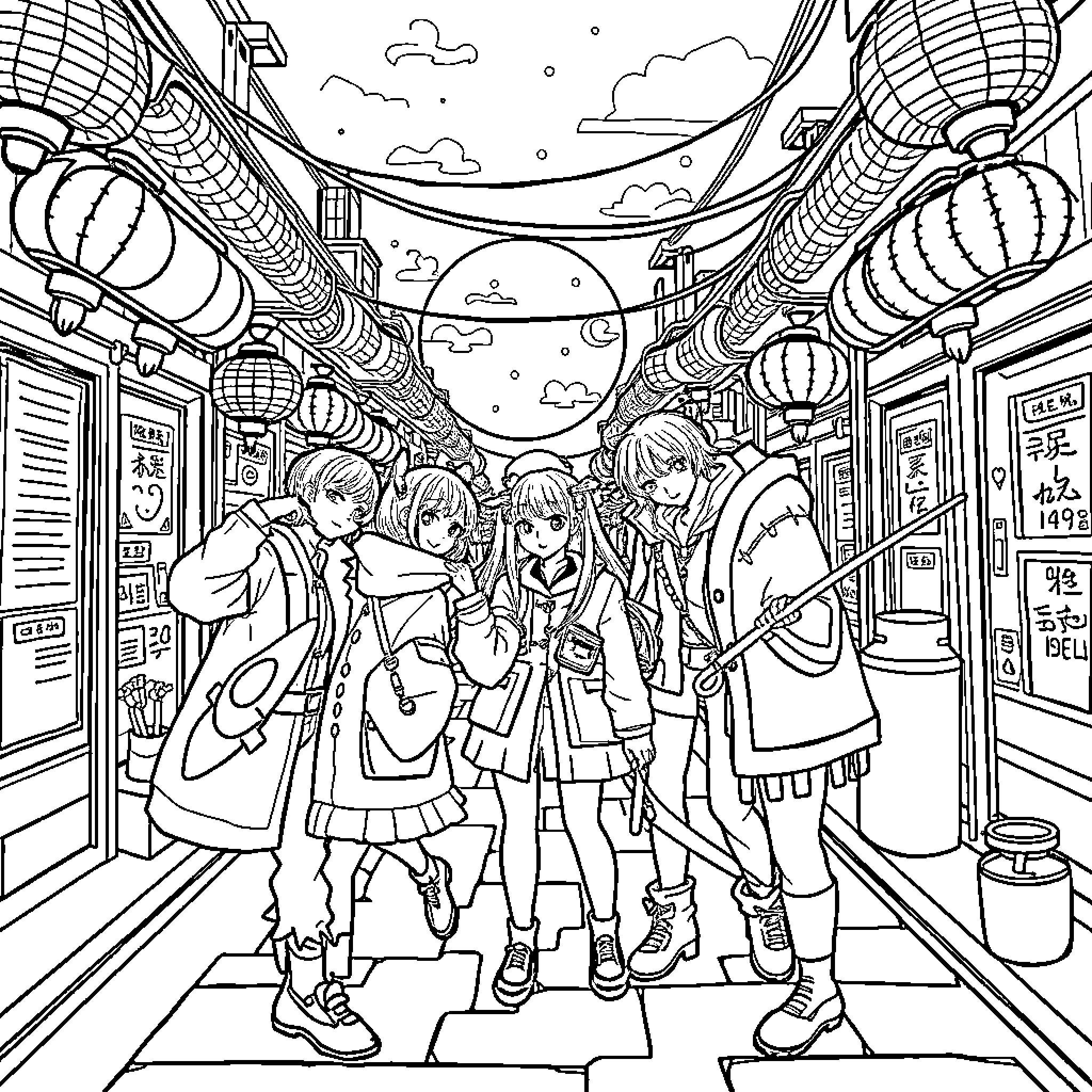 Mira's Group Exploring the Festive Night Market Coloring Page (free black-and-white line drawing printable PDF for all, from beginners to advanced learners, including children, teens, adults, and seniors)