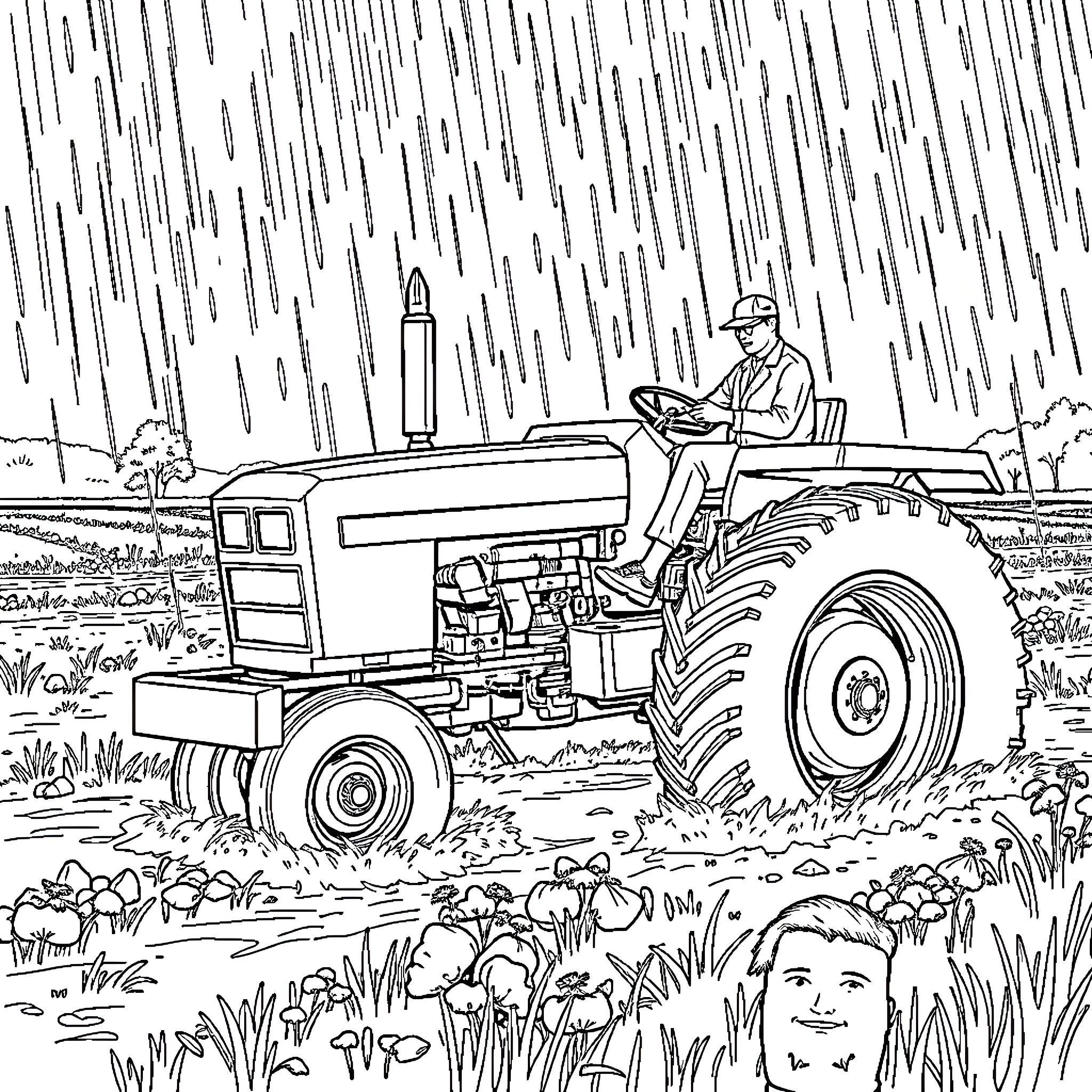 Tractor working through rain in rural landscape Coloring Page (free black-and-white line drawing printable PDF for all, from beginners to advanced learners, including children, teens, adults, and seniors)