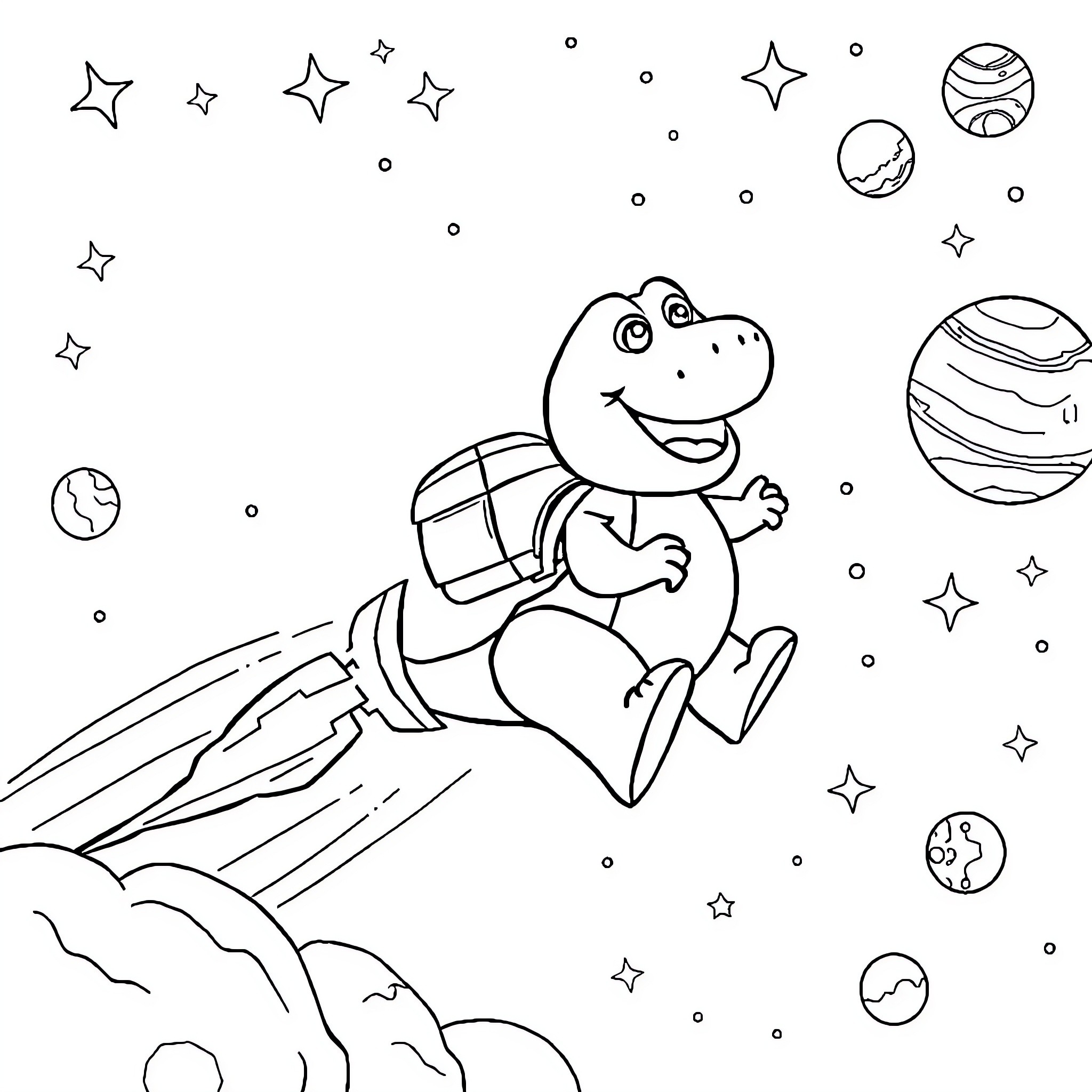 Barney's Cosmic Adventure Coloring Page (free black-and-white line drawing printable PDF for all, from beginners to advanced learners, including children, teens, adults, and seniors)