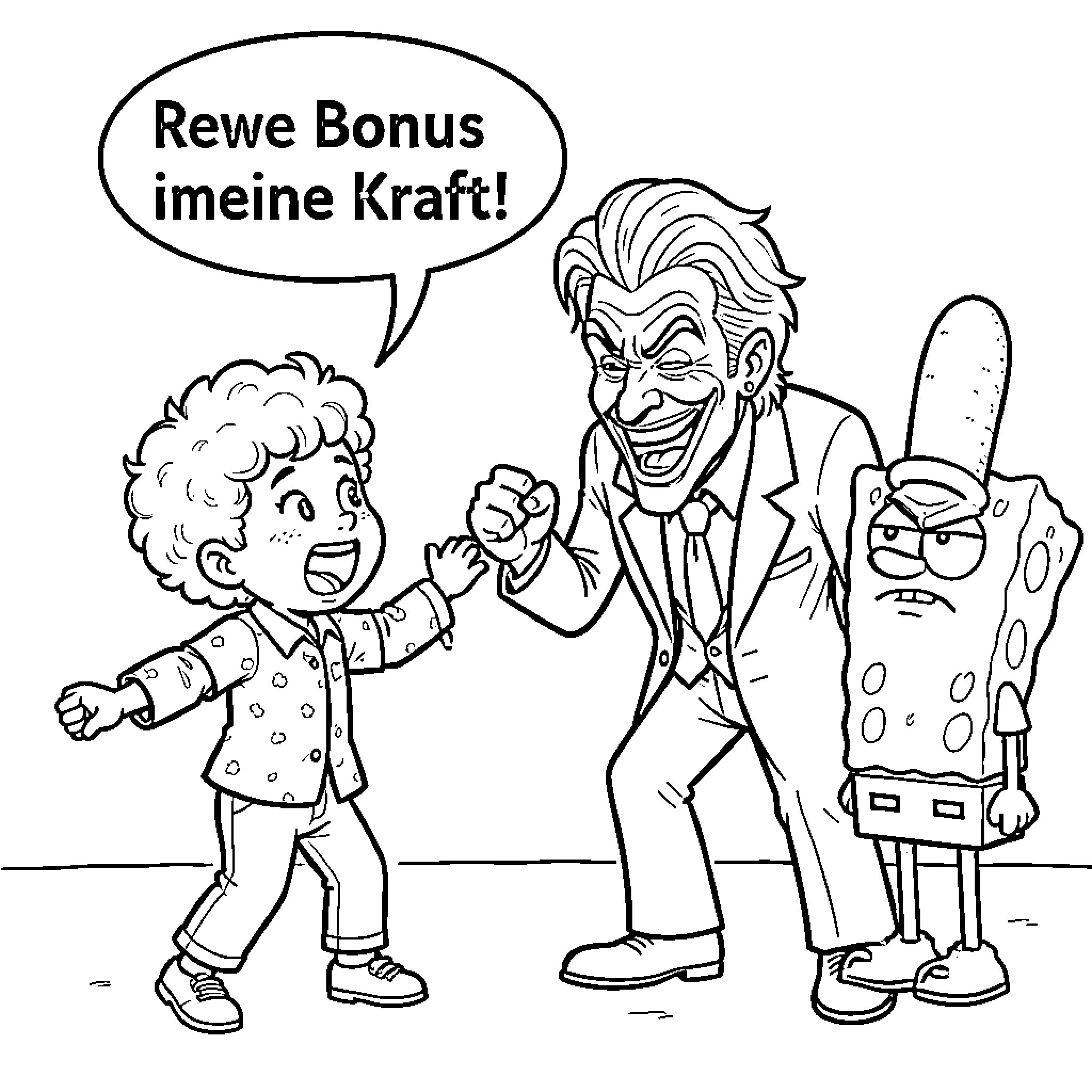 Child enjoys Rewe bonus with animated characters Coloring Page (free black-and-white line drawing printable PDF for all, from beginners to advanced learners, including children, teens, adults, and seniors)