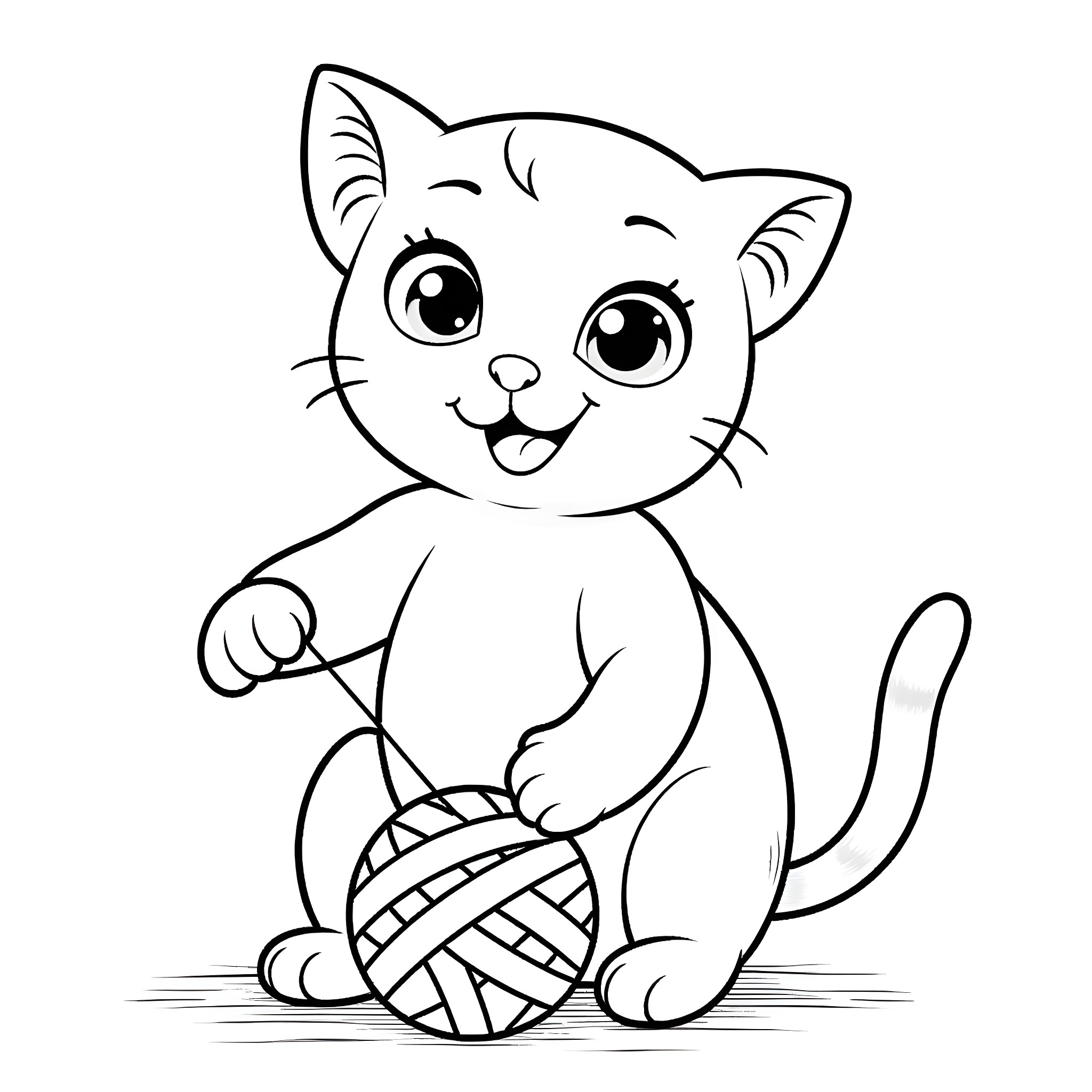 Cat playing with ball of yarn Coloring Page (free black-and-white line drawing printable PDF for all, from beginners to advanced learners, including children, teens, adults, and seniors)