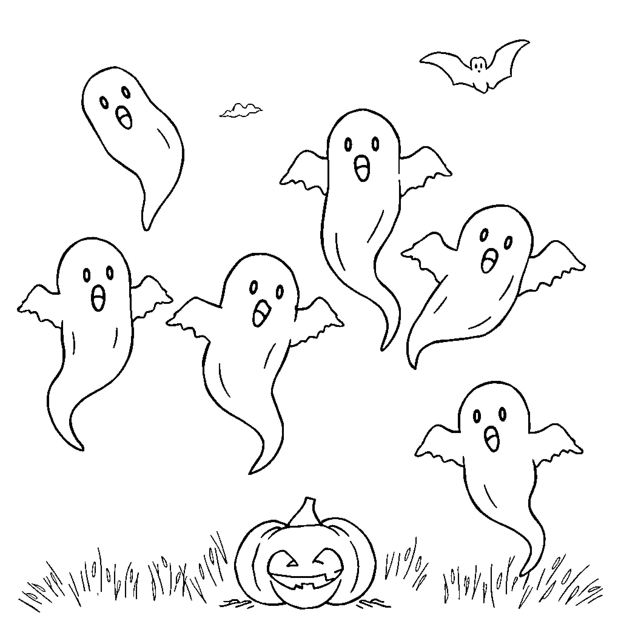 Ghost Figures in Spooky Halloween Scene Coloring Page (free black-and-white line drawing printable PDF for all, from beginners to advanced learners, including children, teens, adults, and seniors)