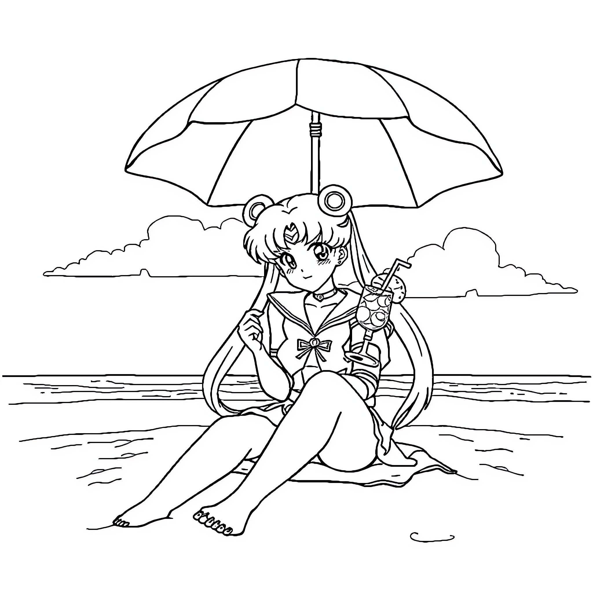 Sailor Moon enjoying a sunny day at the beach Coloring Page (free black-and-white line drawing printable PDF for all, from beginners to advanced learners, including children, teens, adults, and seniors)
