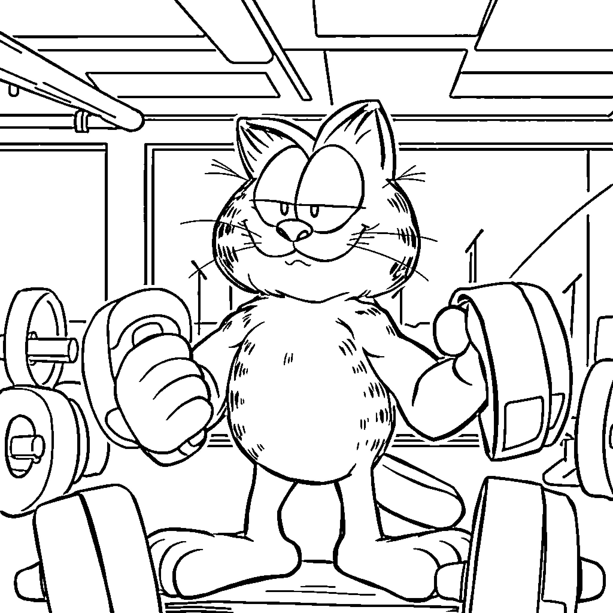 Garfield exercising in the gym Coloring Page (free black-and-white line drawing printable PDF for all, from beginners to advanced learners, including children, teens, adults, and seniors)
