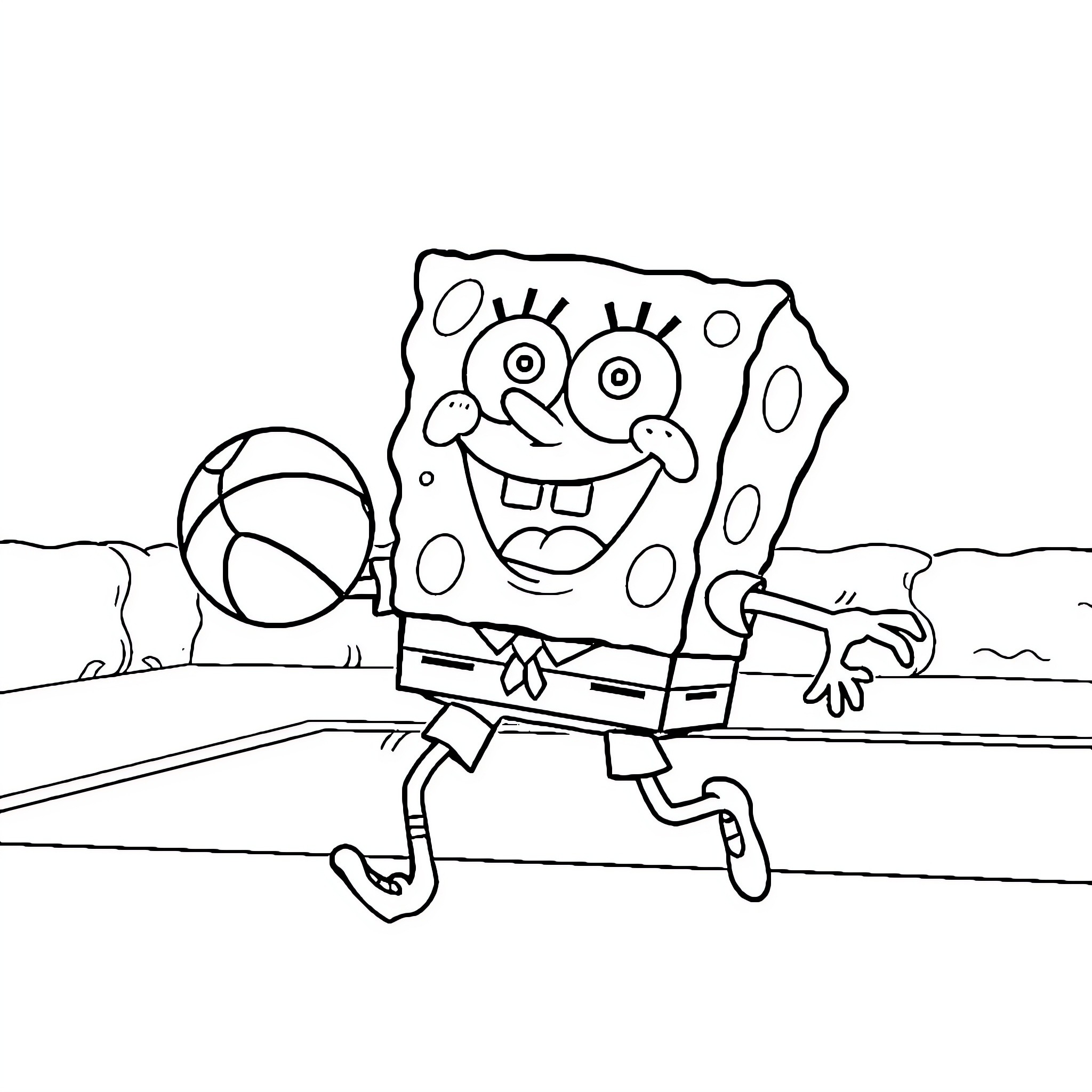 Spongebob running with a beach ball Coloring Page (free black-and-white line drawing printable PDF for all, from beginners to advanced learners, including children, teens, adults, and seniors)