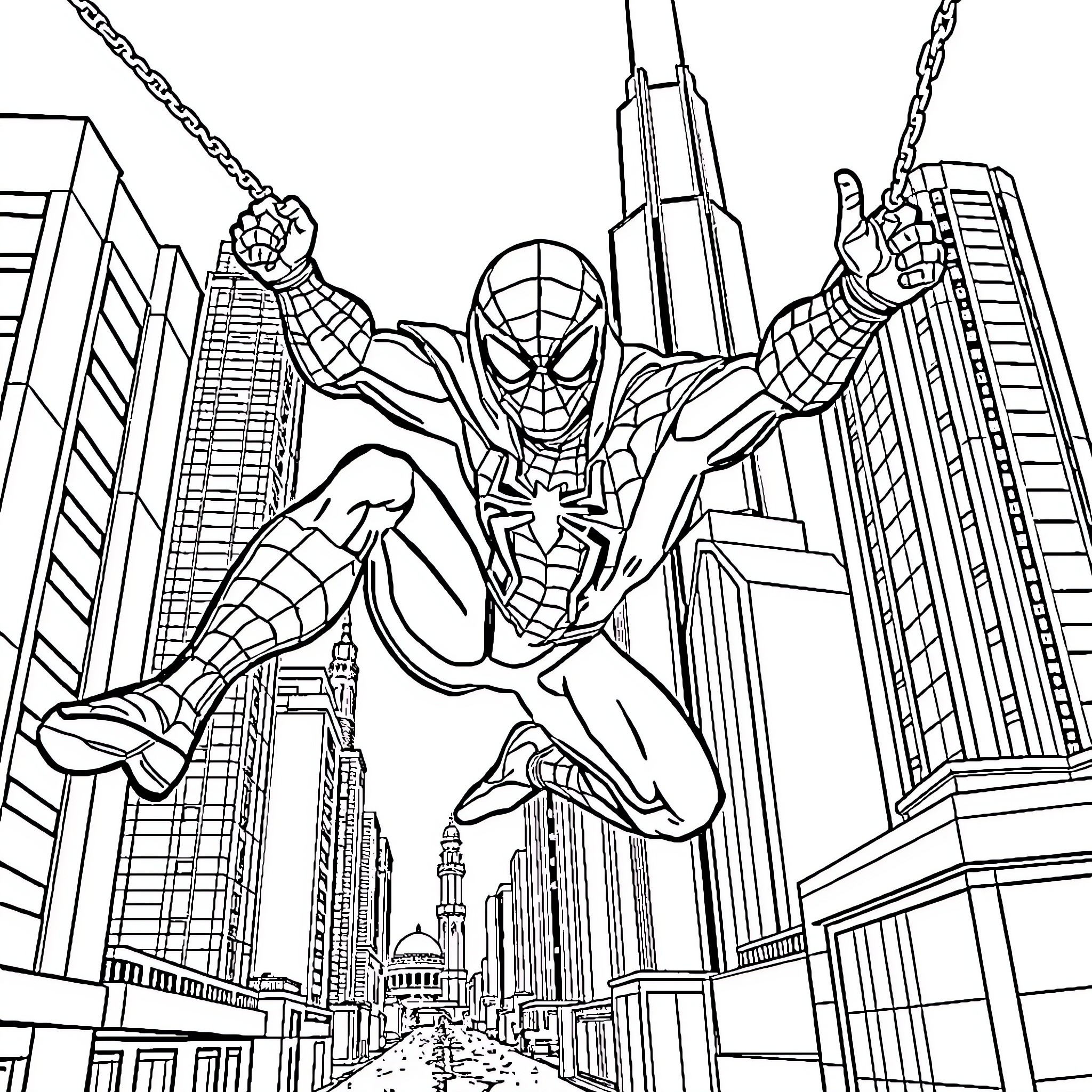 Spider-Man swinging through the city skyscrapers Coloring Page (free black-and-white line drawing printable PDF for all, from beginners to advanced learners, including children, teens, adults, and seniors)