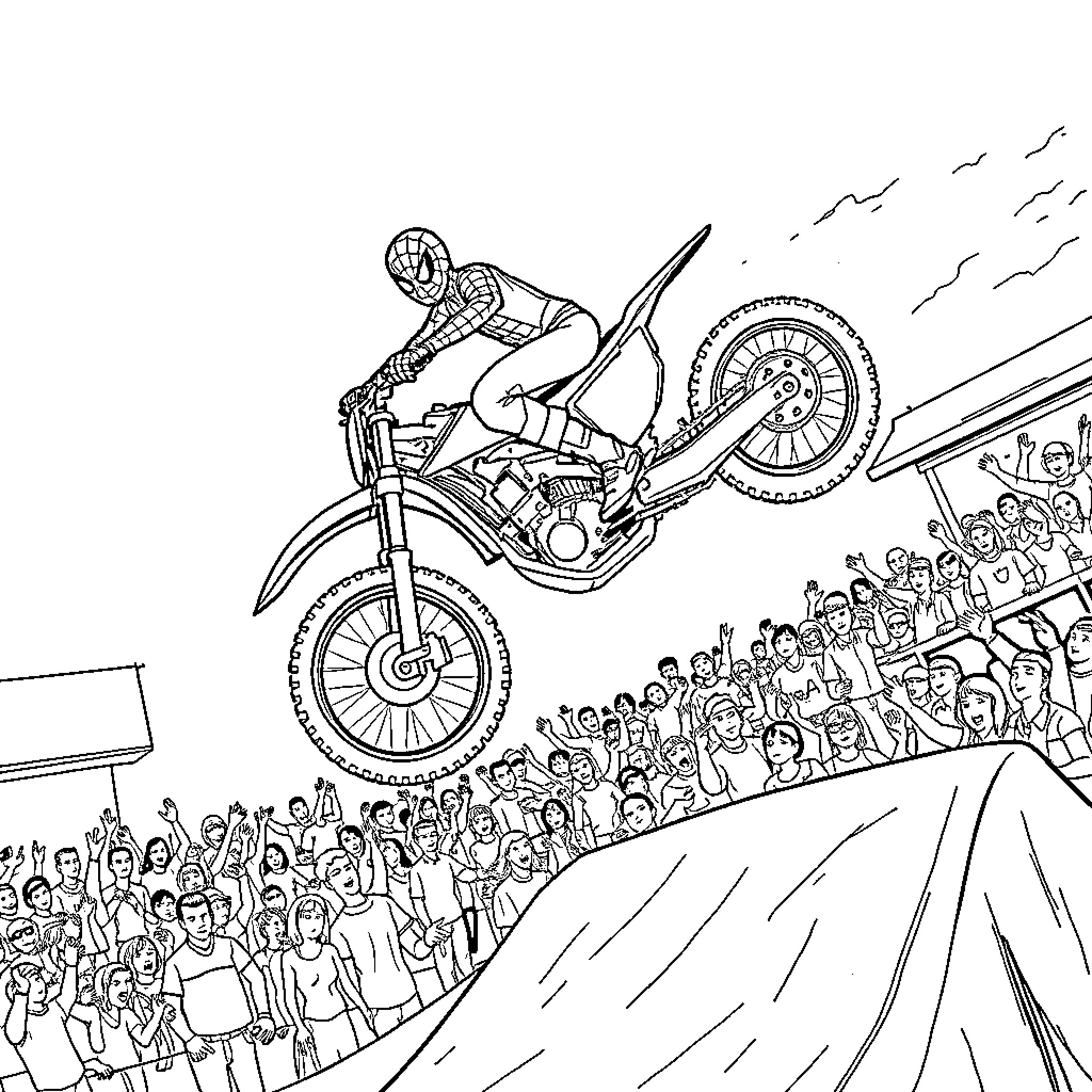 Spider-Man Performing Stunts Amidst Cheering Crowd Coloring Page (free black-and-white line drawing printable PDF for all, from beginners to advanced learners, including children, teens, adults, and seniors)