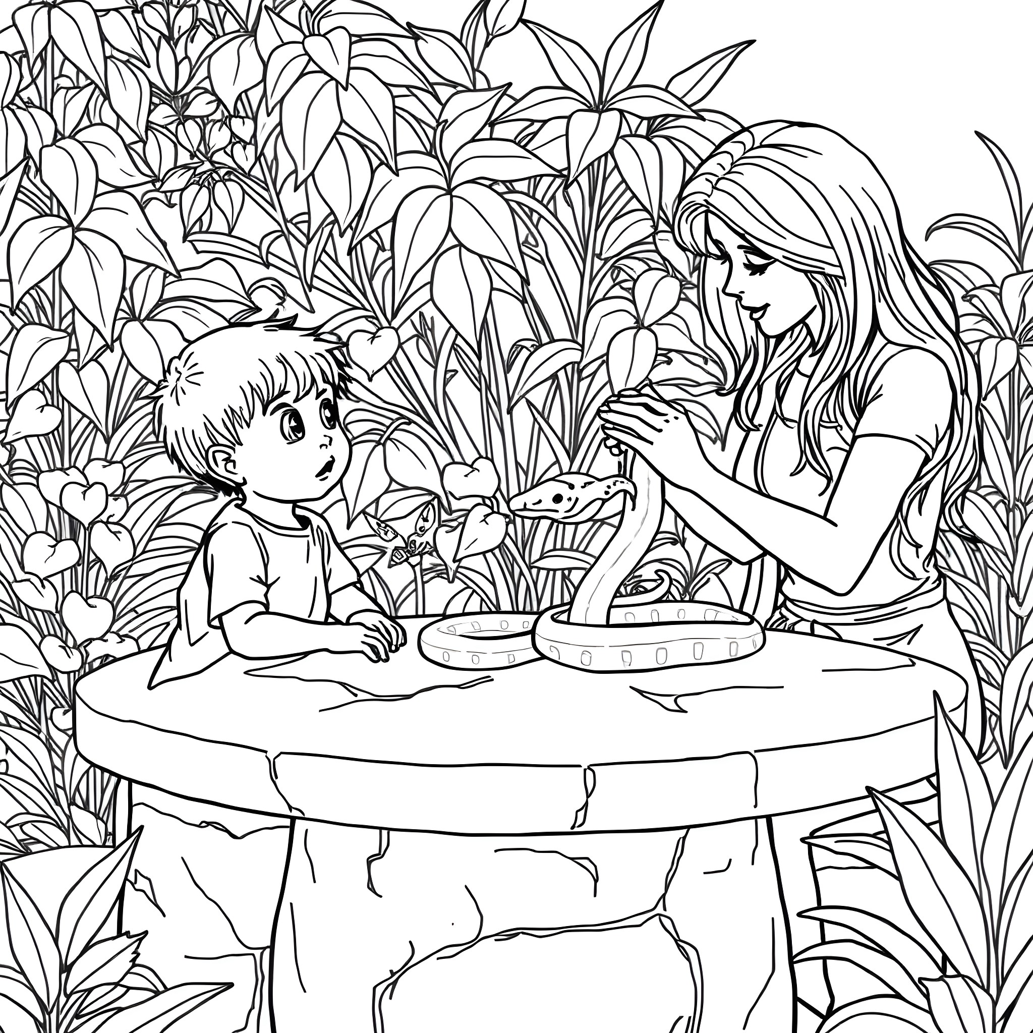 Child playing with mother in garden Coloring Page (free black-and-white line drawing printable PDF for all, from beginners to advanced learners, including children, teens, adults, and seniors)
