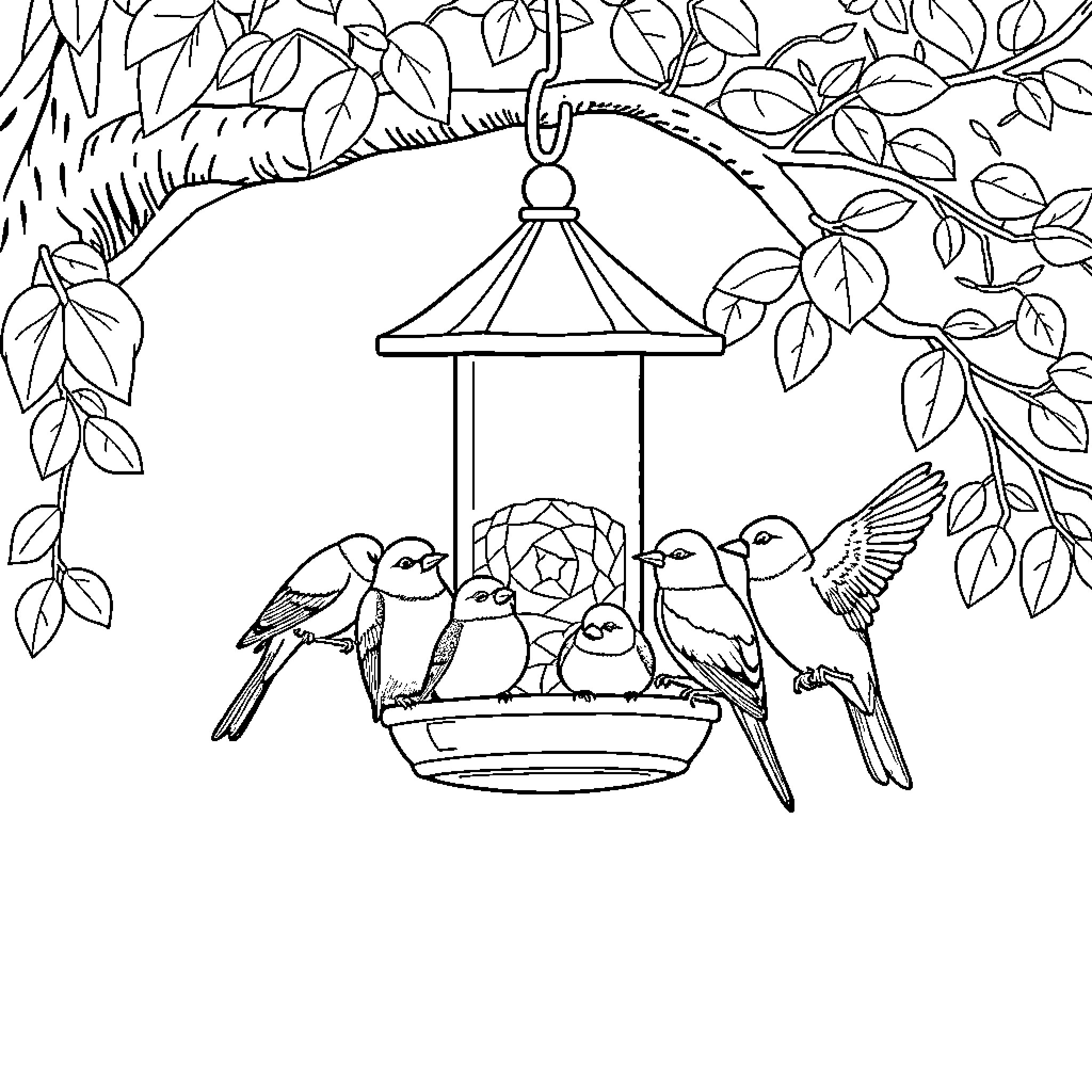 Bird feeder with birds in the garden Coloring Page (free black-and-white line drawing printable PDF for all, from beginners to advanced learners, including children, teens, adults, and seniors)