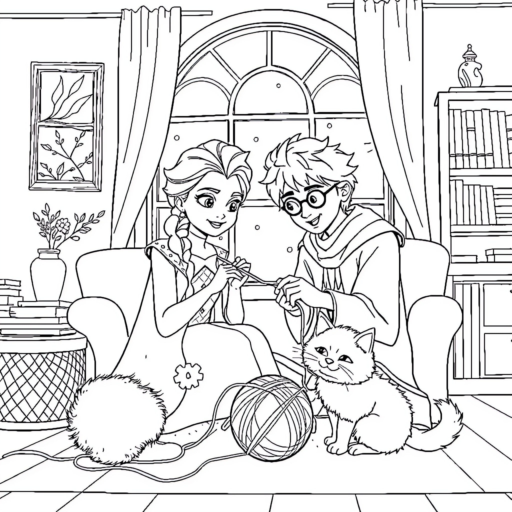 Cat and Friends Enjoying a Cozy Day Indoors Coloring Page (free black-and-white line drawing printable PDF for all, from beginners to advanced learners, including children, teens, adults, and seniors)