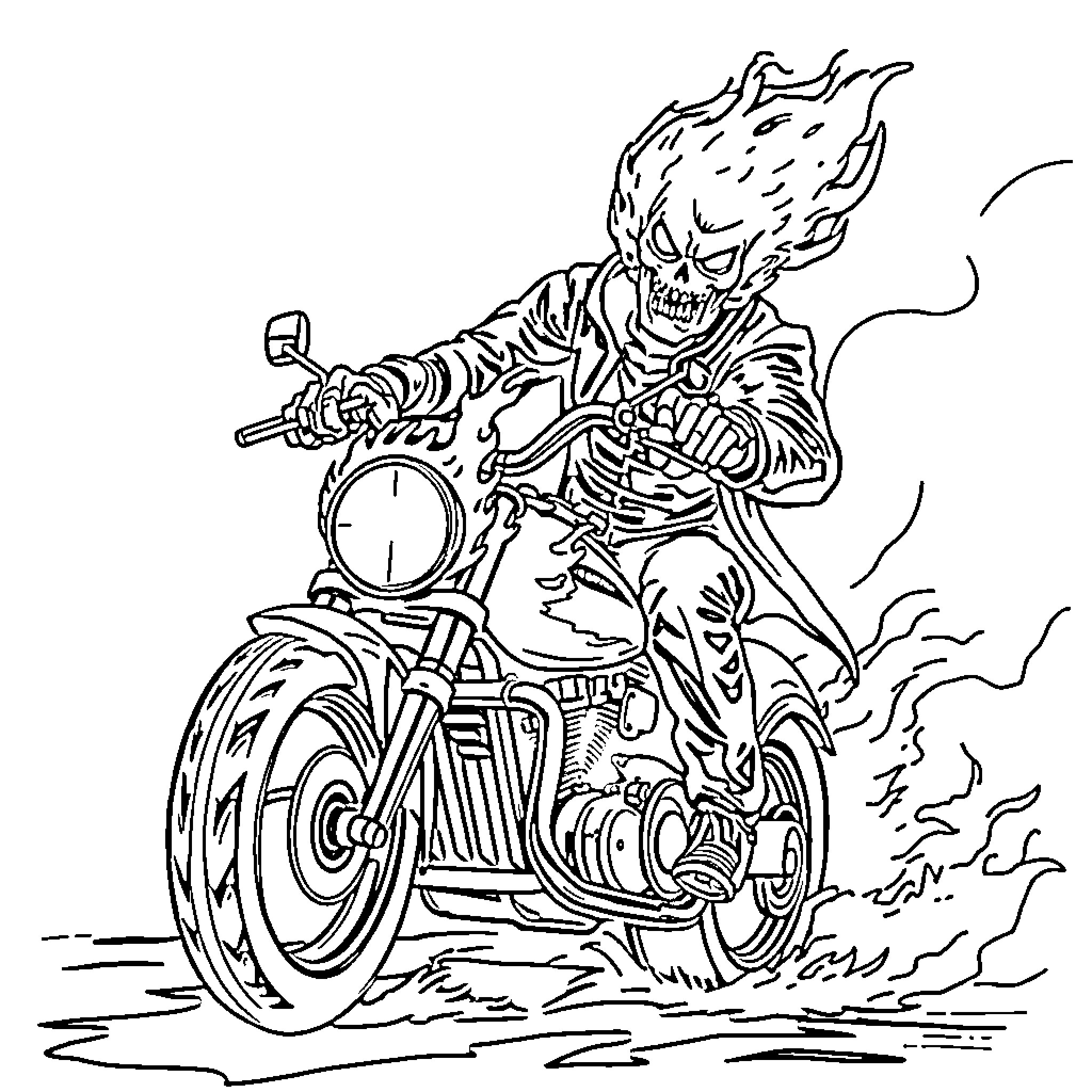 Ghost Rider riding a flaming motorcycle Coloring Page (free black-and-white line drawing printable PDF for all, from beginners to advanced learners, including children, teens, adults, and seniors)