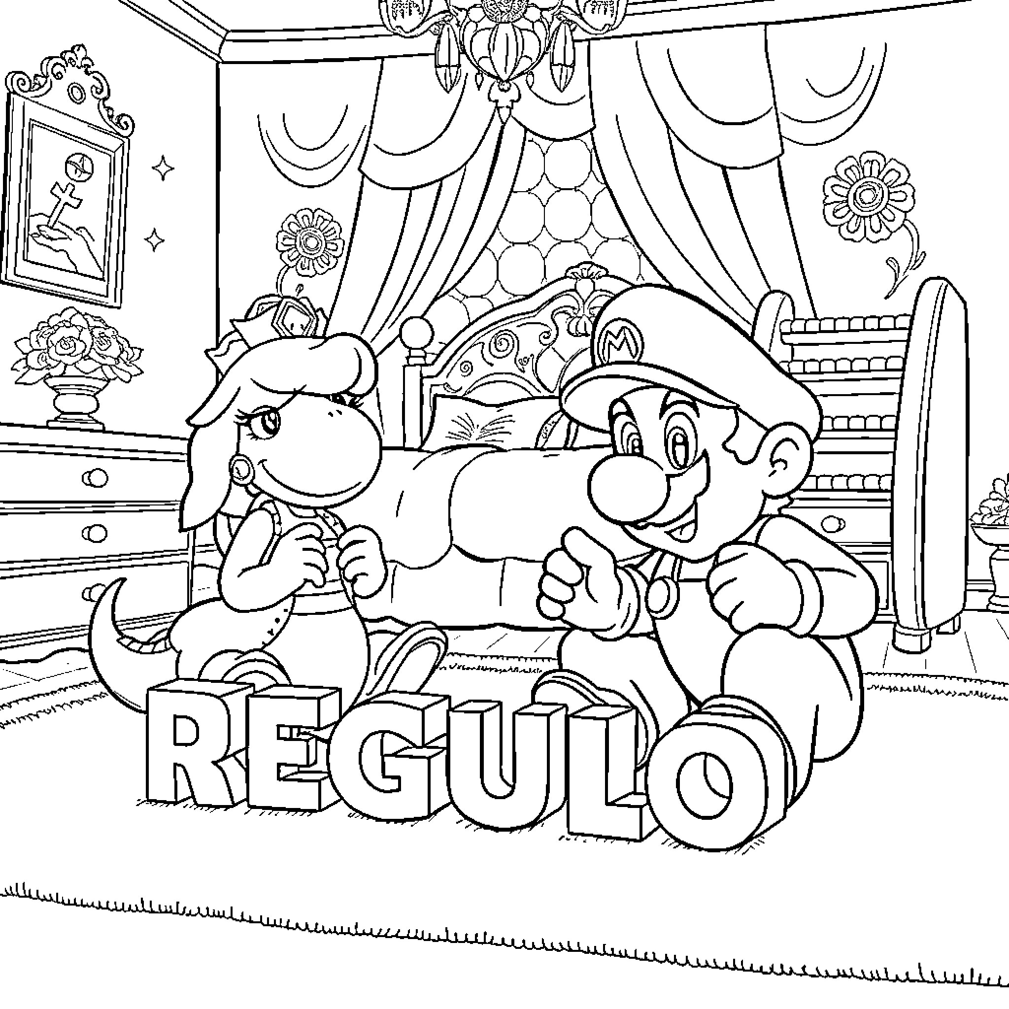 Super Mario and Regulo Exploring a Colorful Bedroom Coloring Page (free black-and-white line drawing printable PDF for all, from beginners to advanced learners, including children, teens, adults, and seniors)