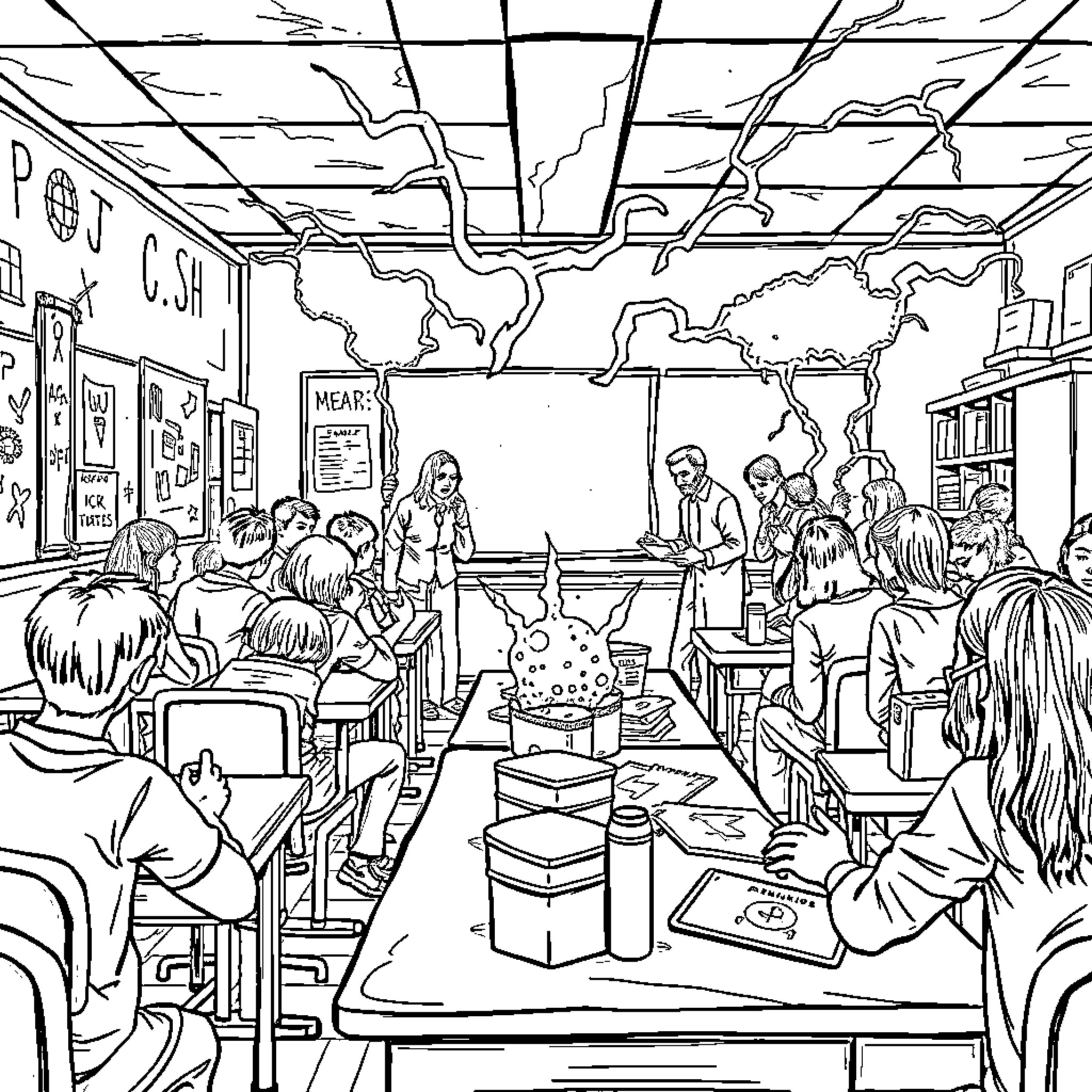 Plague of Learning: Students Gather in Classroom Coloring Page (free black-and-white line drawing printable PDF for all, from beginners to advanced learners, including children, teens, adults, and seniors)
