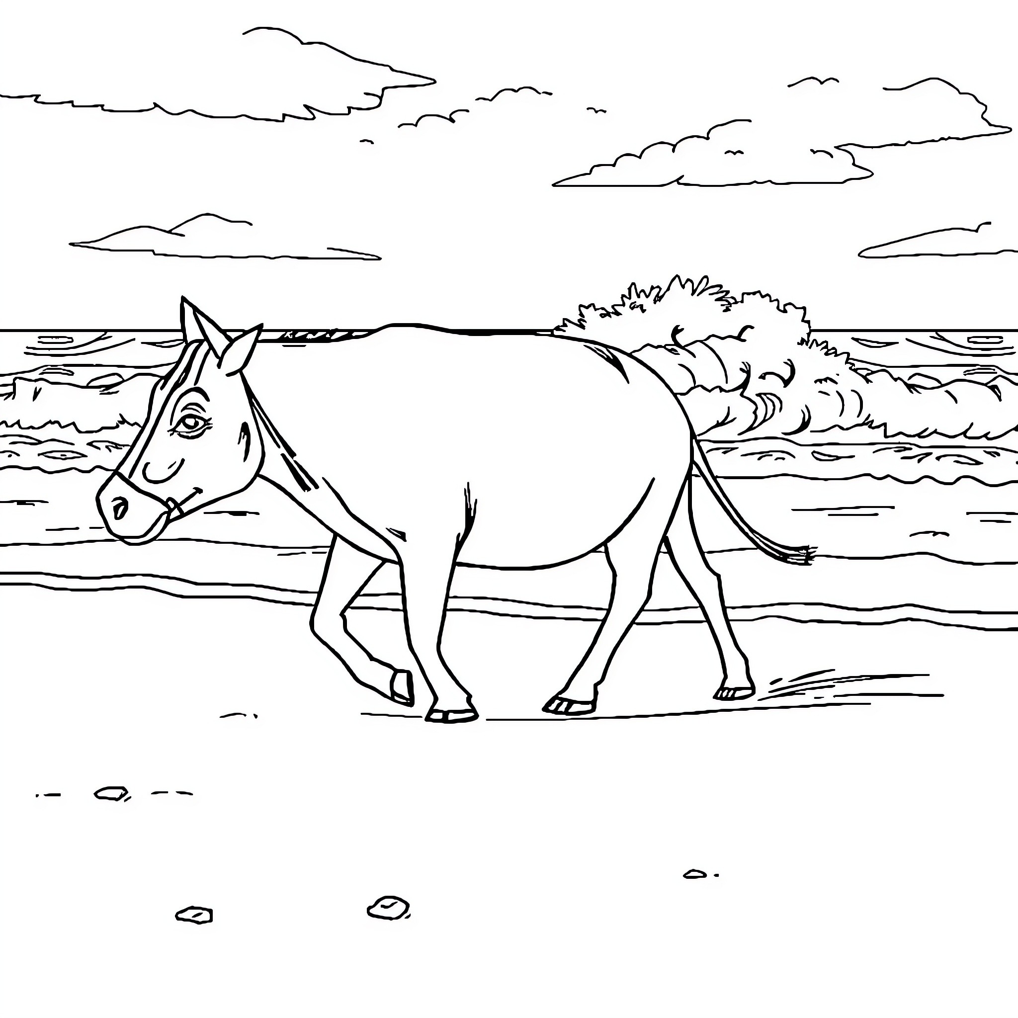 Cow walking along the beach Coloring Page (free black-and-white line drawing printable PDF for all, from beginners to advanced learners, including children, teens, adults, and seniors)