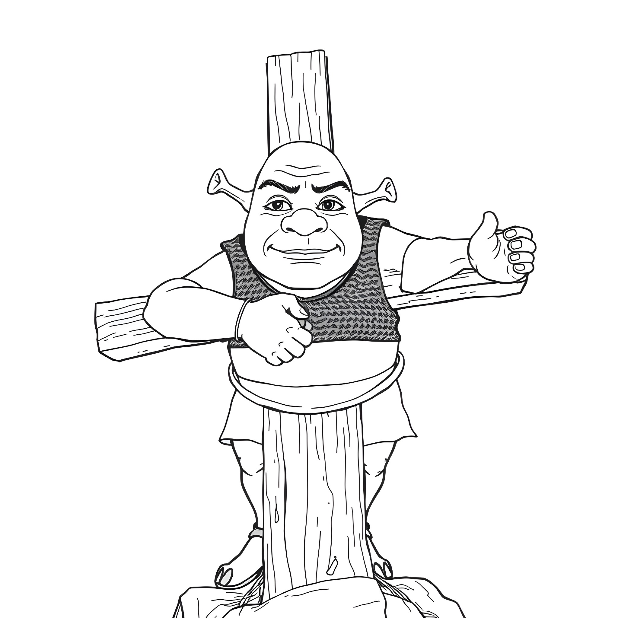 Shrek gripping wooden logs in a funny pose Coloring Page (free black-and-white line drawing printable PDF for all, from beginners to advanced learners, including children, teens, adults, and seniors)