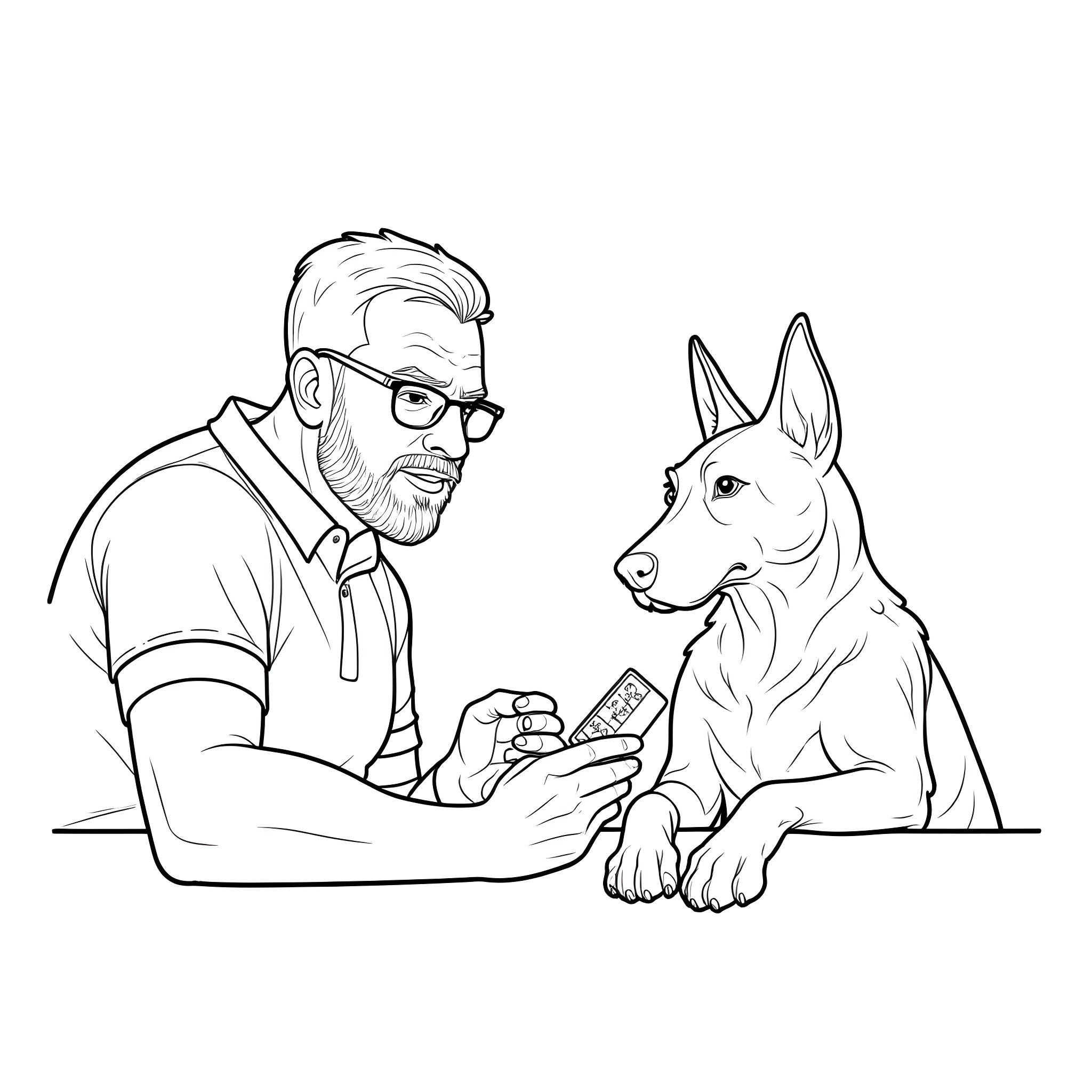 Guy Playing with His Loyal Dog on the Couch Coloring Page (free black-and-white line drawing printable PDF for all, from beginners to advanced learners, including children, teens, adults, and seniors)