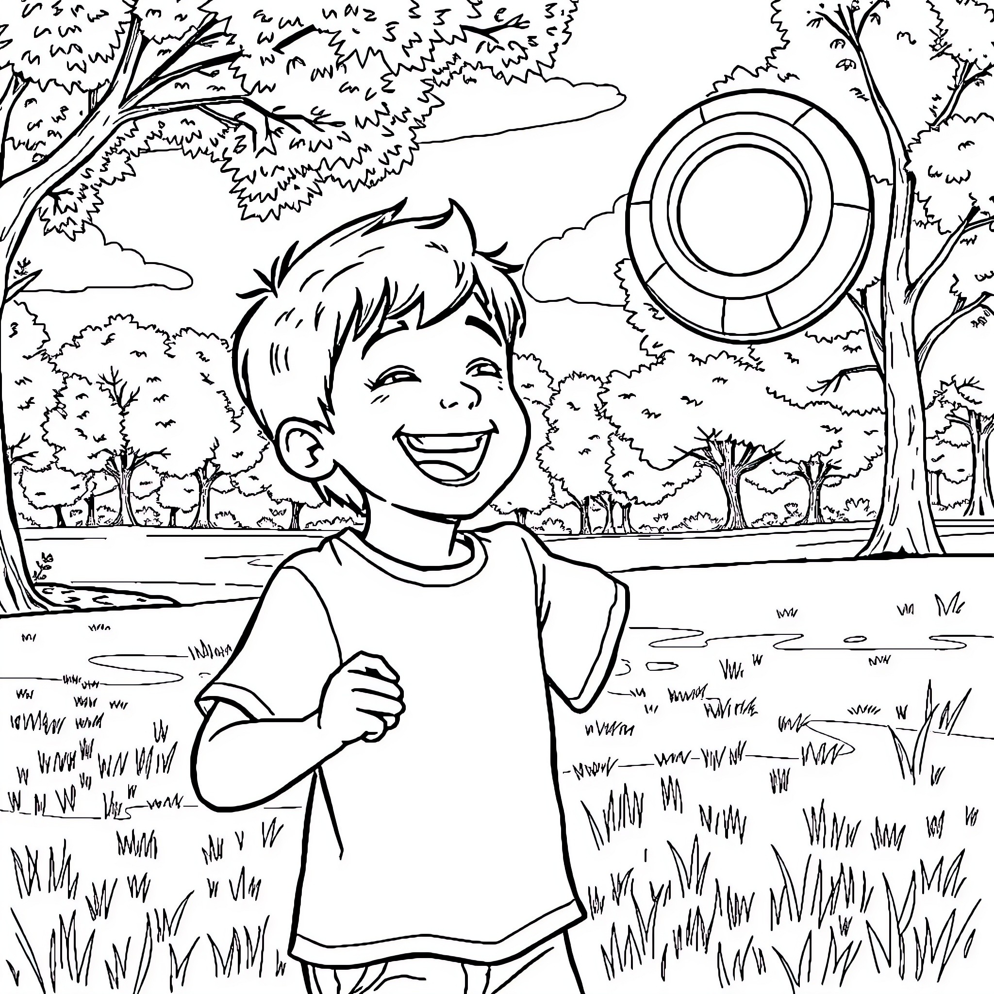 Boy enjoying nature in the park Coloring Page (free black-and-white line drawing printable PDF for all, from beginners to advanced learners, including children, teens, adults, and seniors)
